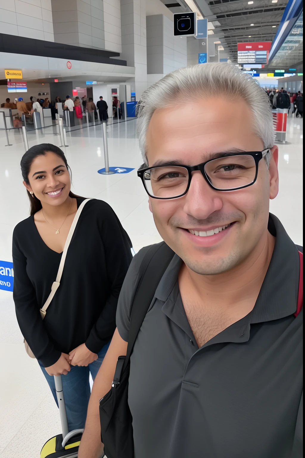 Smiling man and woman standing in an airport with luggage, com muitos viajantes, Fotografia selfie 8k, Postagem no Reddit, imagem de perfil, facebook post, foto de perfil, usando roupas sujas de viagem, tirado no iphone 1 3 pro, foto do perfil, taken in the early 2020s, back to us, tirado no iphone pro, turistas em segundo plano