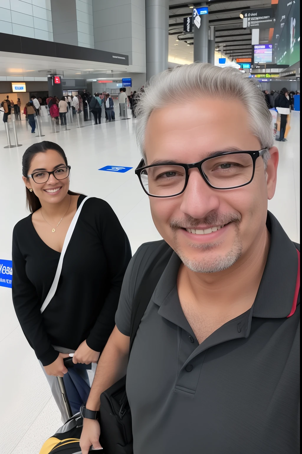 Smiling man and woman standing in an airport with luggage, com muitos viajantes, Fotografia selfie 8k, Postagem no Reddit, imagem de perfil, facebook post, foto de perfil, usando roupas sujas de viagem, tirado no iphone 1 3 pro, foto do perfil, taken in the early 2020s, back to us, tirado no iphone 14 pro, turistas em segundo plano