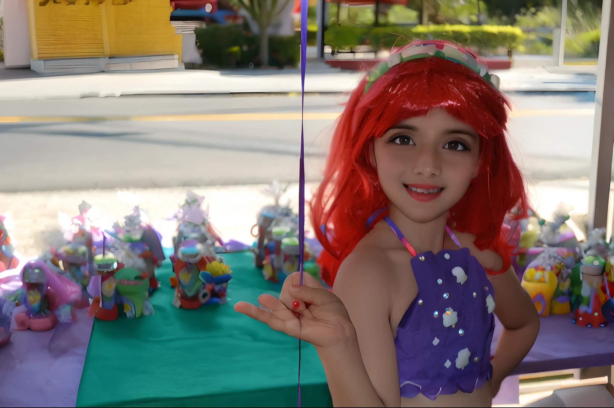 Araffe girl in a purple bikini and a red wig holding a balloon, Ariel, a Pequena Sereia, Princesa Ariel, Pequena Sereia, A Pequena Sereia, sorrindo como uma rainha de fadas, Princesa em primeiro plano, little mermaid magical kingdom, Directed by: Juliette Wytsman, ariel perez, cabrito, slide show, Detalhes adicionais, Directed by: Leo Michelson, closeup - view, menina elfo pequeno