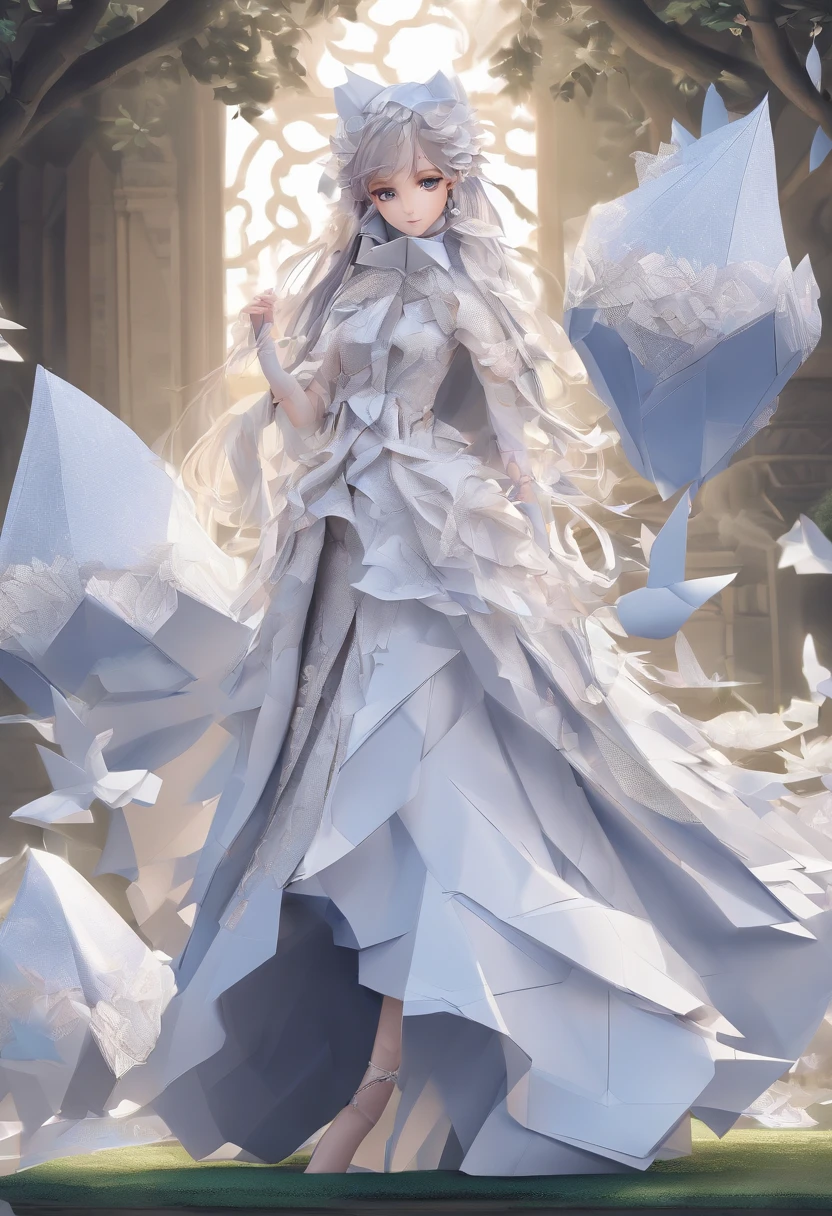 A high resolution，ultra - detailed）， offcial art, Unity 8k壁纸, Ultra-detailed, Character frontal、Beautiful and aesthetically pleasing, tmasterpiece, best qualityer,long  skirt，slender girl，Wear a tulle dress，It's set with sparkling diamonds，With a hood，Hood head，Hood head，The material of the clothes is very light，Gaia style，The clothes are wrapped in auspicious cloud patterns，