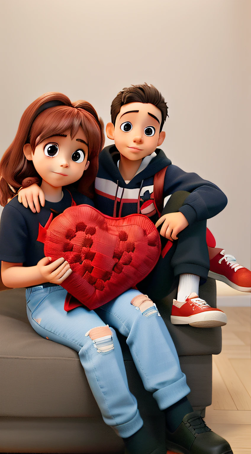 Two children holding a red stuffed heart, estilo disney pixar, alta qualidade, melhor qualidade.
