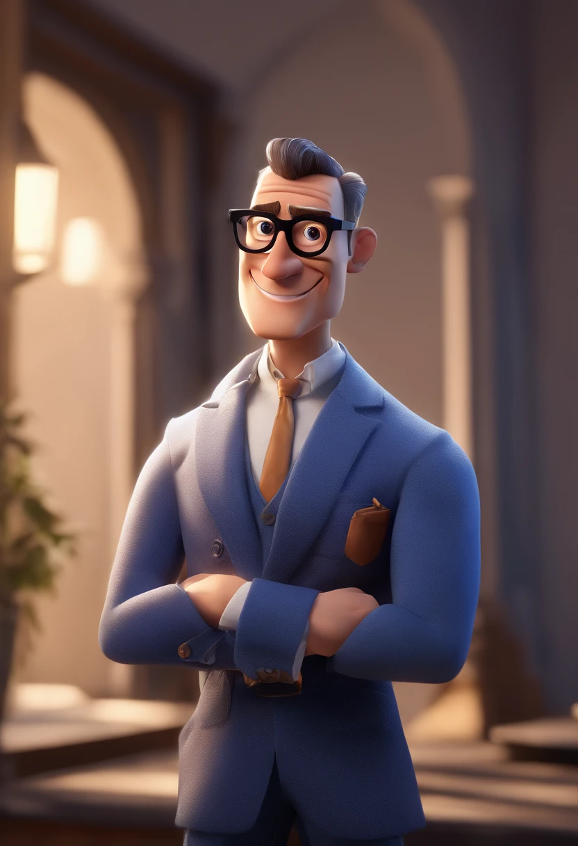 Cartoon character of a man with black glasses and a blue shirt, animation character, Caractere estilizado, animation style rendering, 3D estilizado, Arnold Maya render, 3 d render stylized, toon render keyshot, Personagem 3D, Personagem 3D, 3d rendering stylized, 3 d character render, personagem de desenho animado, Personagem de close up, Pose de personagem, (Estilo Pixar) (master part:1.2) (Bokeh) (best quality) (pele detalhada) (textura detalhada) (8k) (argila) (Cinematic lighting) (foco nítido