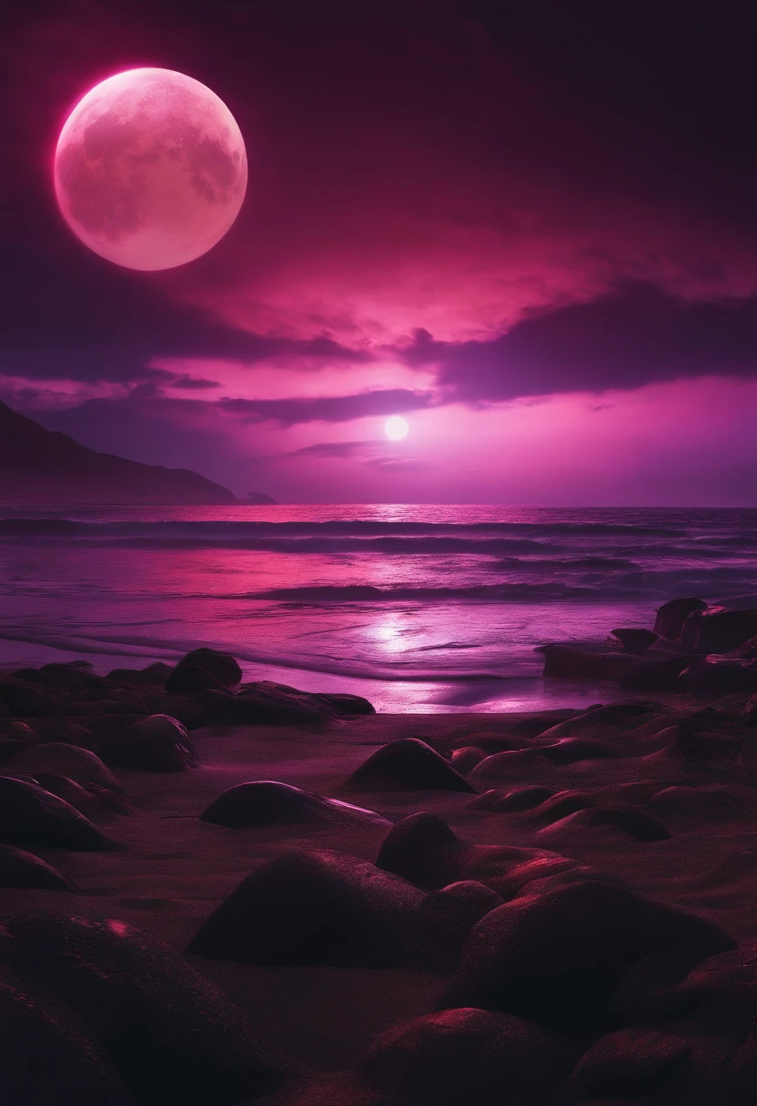 Create for me futuristic beach in evil situation in futuristic cyber punk war with lunar eclipse