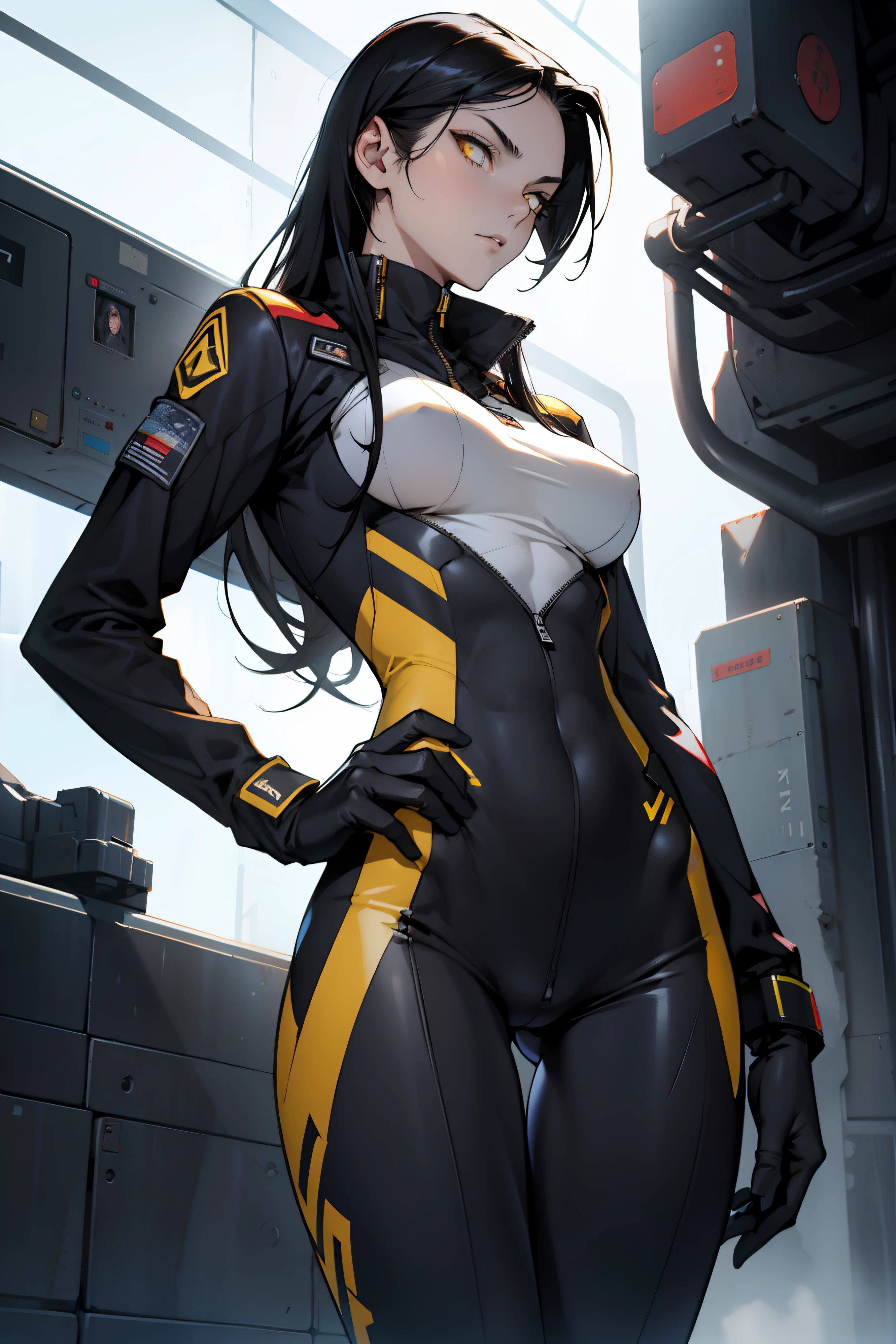 1 girl, black hair, yellow eyes, very long hair, pale skin, fit body, slender body, slim waist, large breasts, (confident expression), pilot suit, thigh gap, bare thighs,