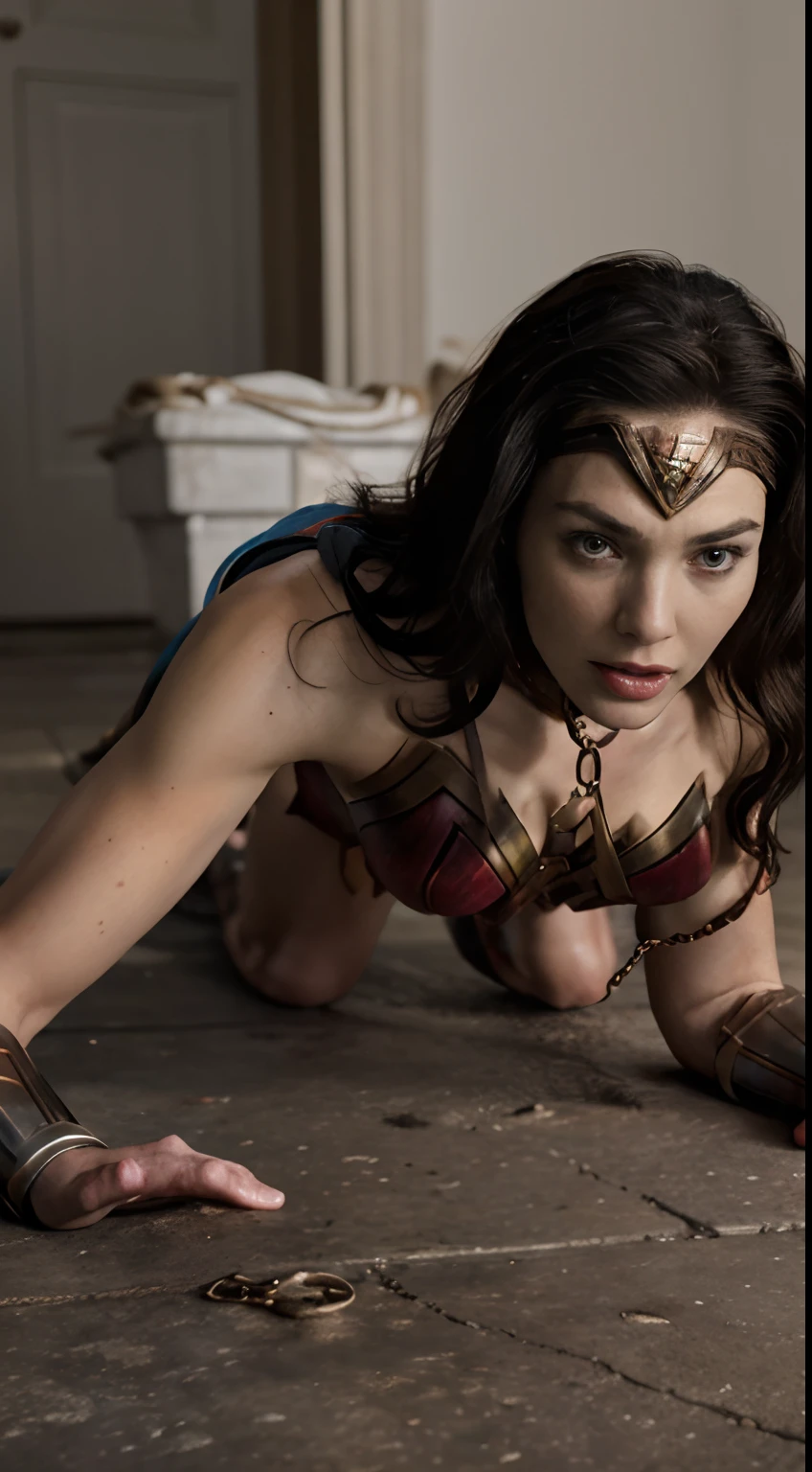 Wonder Woman in a state of servitude, crawling on all fours like a pet with collar and chain on her neck. Wonder Woman should be depicted with her hands tied behind her back and her legs tied together, with a collar around her neck. Her facial expression can convey a sense of shame, as she is forced to crawl on the ground like an animal. The image should have a dark and degrading tone, with Wonder Woman's situation being bleak and humiliating.