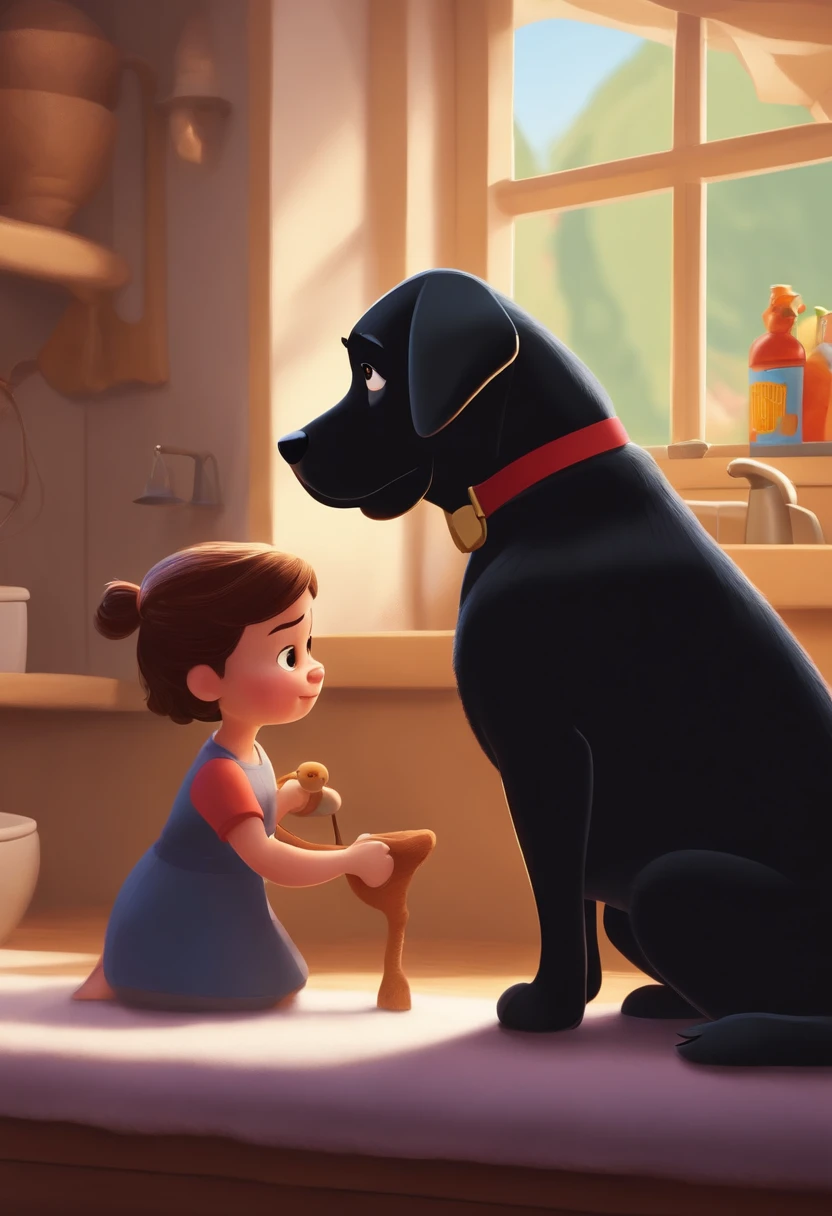 Make a chubby woman with short hair wearing a black lab coat, trabalhando em um banho e tosa , como Disney Cartoon, She's shearing a cute Pixar dog, Disney, cartaz da pixar