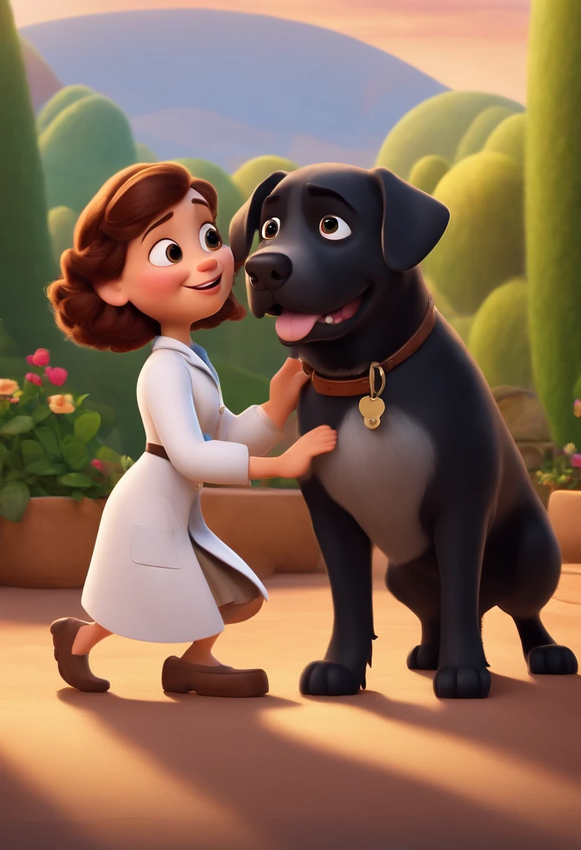 Make a chubby woman with short hair wearing a black lab coat, trabalhando em um banho e tosa , como Disney Cartoon, She's shearing a cute Pixar dog, Disney, cartaz da pixar