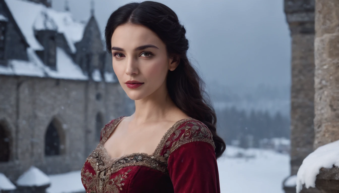 young noble woman with black hair and brown eyes stands on a snowy castle balcony overlooking a snow covered landscape, night, wearing crimson gown, midnight, eerie, snow storm, gothic, cinematic, cinematic scene from film, 8k
