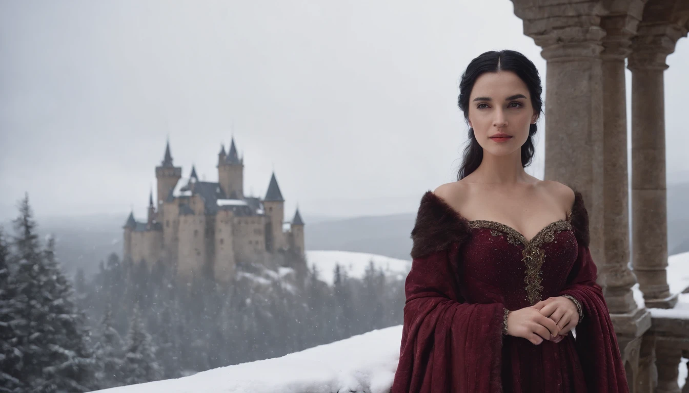 young noble woman with black hair and brown eyes stands on a snowy castle balcony overlooking a snow covered landscape, night, wearing crimson gown, midnight, eerie, snow storm, gothic, cinematic, cinematic scene from film, 8k