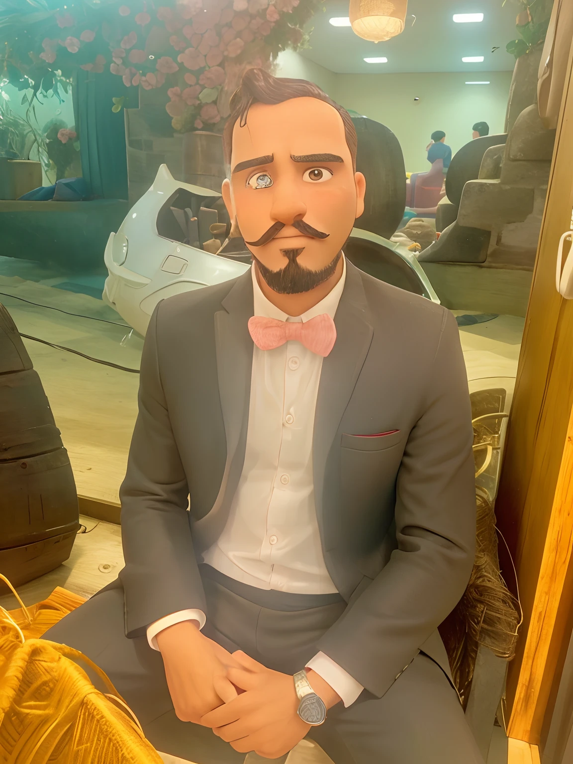 Homem, terno, gravata borboleta rosa, bigode, cavanhaque.
