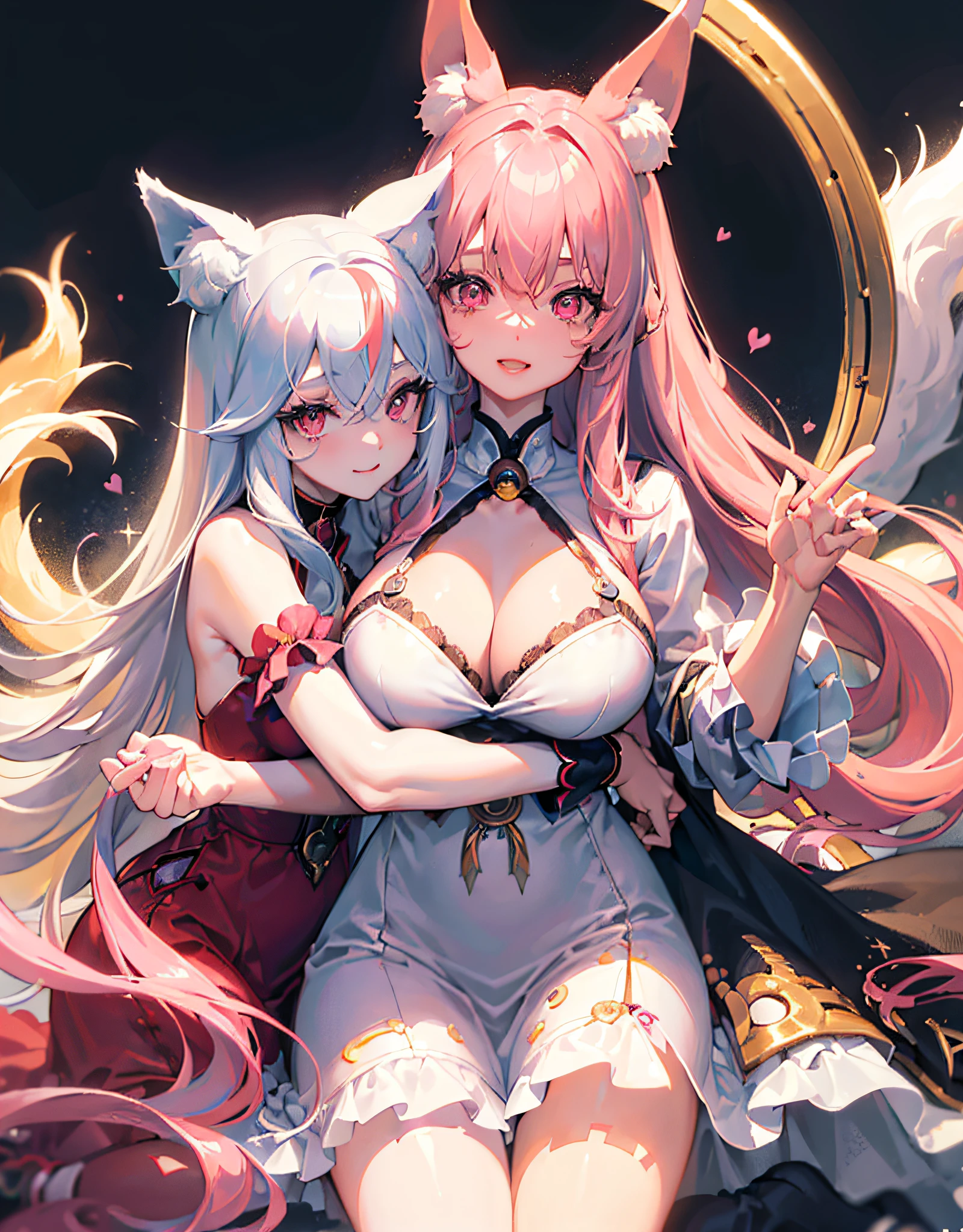 (((masterpeace、BEST QUALITY、high precision、High and fine))) good anatomy, 2 girls, hugs, fox_ears for both, noble, lace dress, jewel, pink eyes, hair between eyes, streaked hair, silver long hair, pink hair, large breasts, warm smile, kitsune,