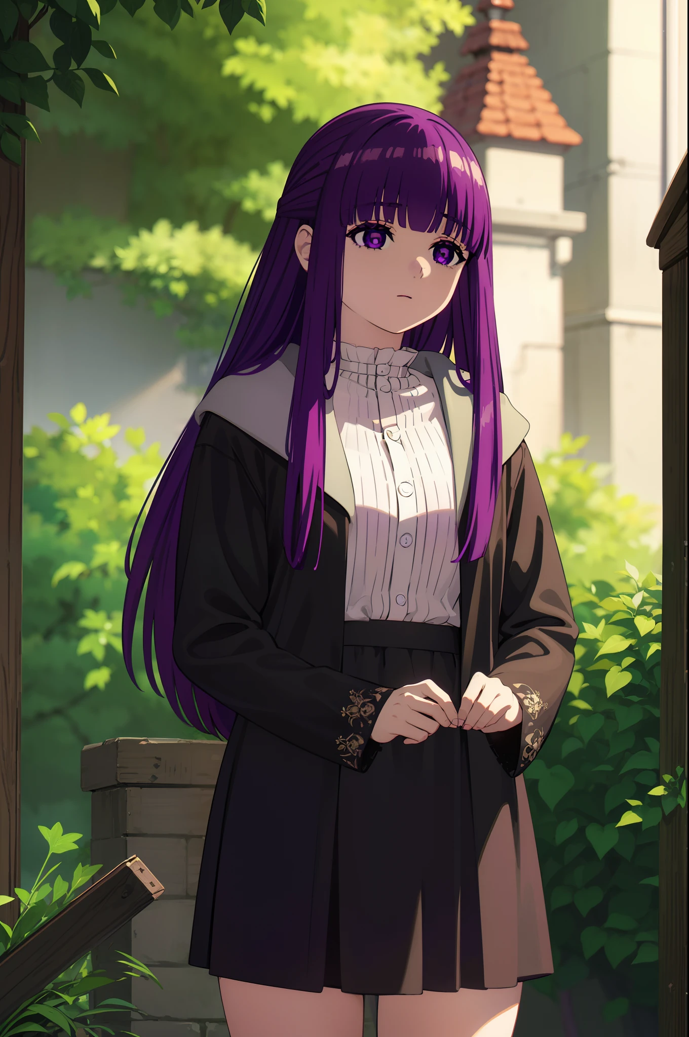 fern, long hair, bangs, (purple eyes:1.1), purple hair, mini skirt, thigh, outdoor, looking at viewer, cowboy shot, (masterpiece:1.2), best quality, high resolution, unity 8k wallpaper, (illustration:0.8), (beautiful detailed eyes:1.6), extremely detailed face, perfect lighting, extremely detailed CG, (perfect anatomy)