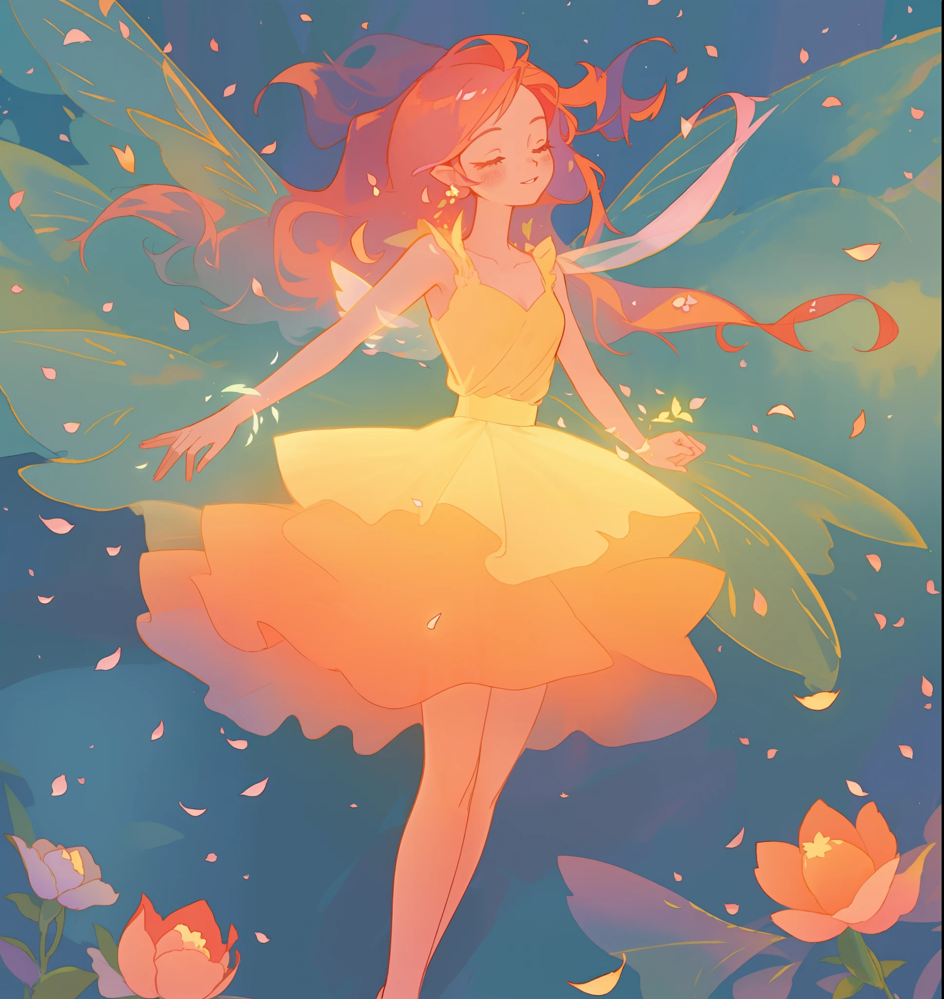 beautiful girl in tiered gradient ballgown dress, gradient warm color ballgown, ((layered flower petal skirt)), fairy dress, fairy queen, magical forest background, (glowing fairy wings), glowing flowing ballgown, long wavy hair, sparkling fairy wings, watercolor illustration, flowers and colorful plants, disney art style, glowing aura around her, flowing glowing hair, glowing flowing hair, beautiful digital illustration, fantasia otherworldly landscape plants flowers, beautiful, masterpiece, best quality, anime disney style