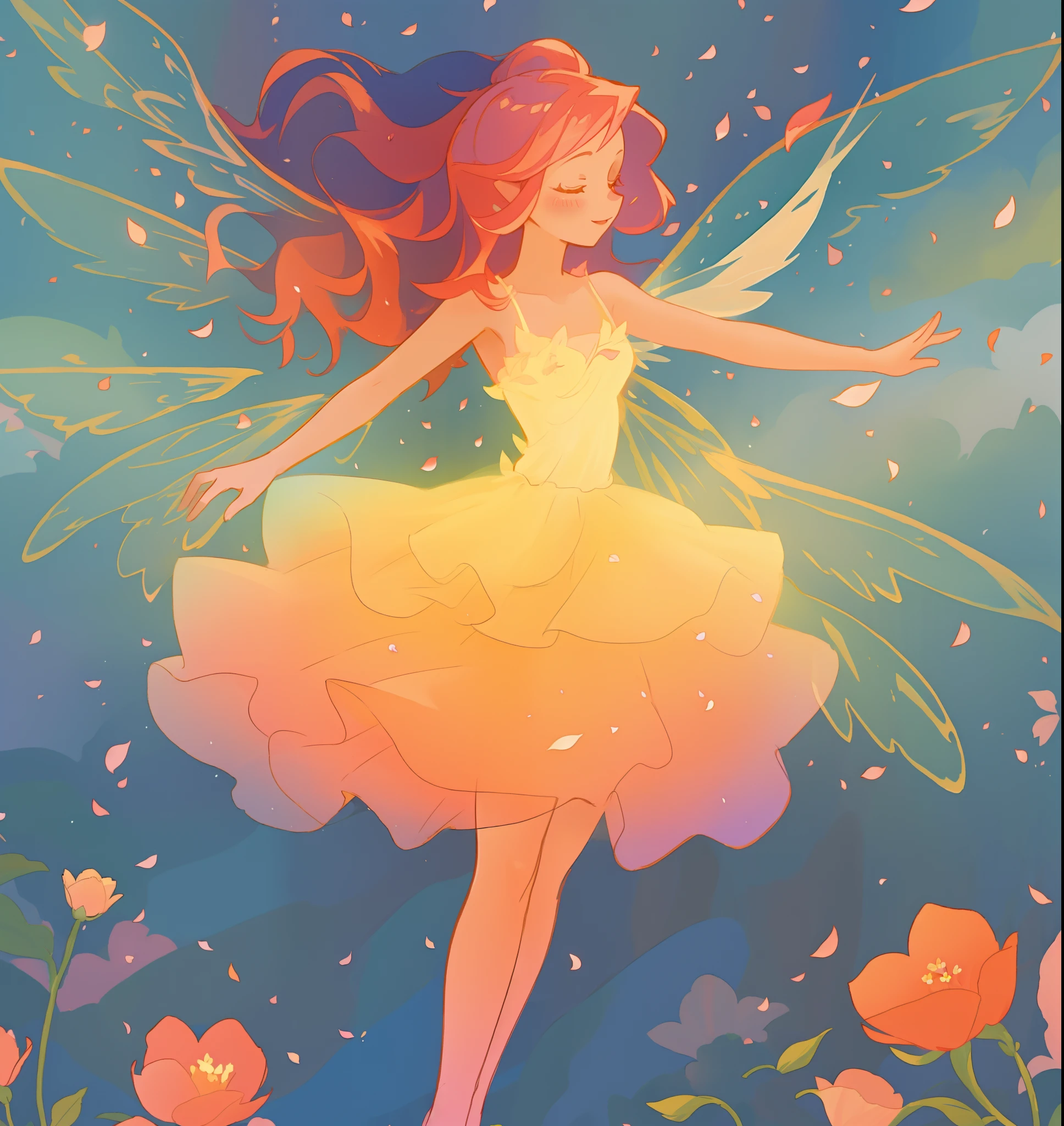 beautiful girl in tiered gradient ballgown dress, gradient warm color ballgown, ((layered flower petal skirt)), fairy dress, fairy queen, magical forest background, (glowing fairy wings), glowing flowing ballgown, long wavy hair, sparkling fairy wings, watercolor illustration, flowers and colorful plants, disney art style, glowing aura around her, flowing glowing hair, glowing flowing hair, beautiful digital illustration, fantasia otherworldly landscape plants flowers, beautiful, masterpiece, best quality, anime disney style