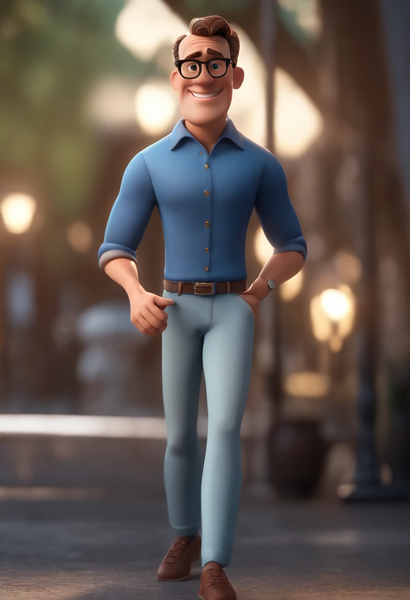 Cartoon character of a man with black glasses and a blue shirt, animation character, Caractere estilizado, animation style rendering, 3D estilizado, Arnold Maya render, 3 d render stylized, toon render keyshot, Personagem 3D, Personagem 3D, 3d rendering stylized, 3 d character render, personagem de desenho animado, Personagem de close up, Pose de personagem, (Estilo Pixar) (master part:1.2) (Bokeh) (best quality) (pele detalhada) (textura detalhada) (8k) (argila) (Cinematic lighting) (foco nítido