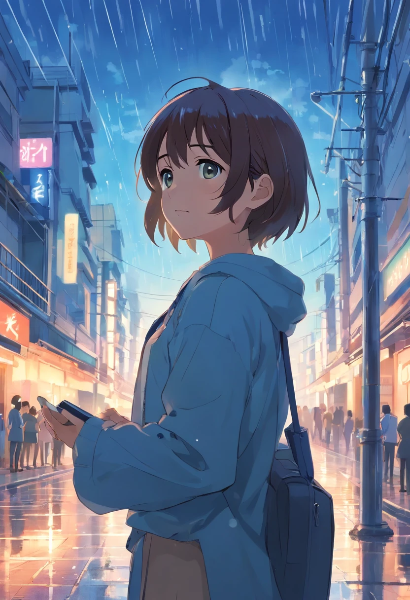 Jeune personne confiante, sentiment de paix, sous la pluie, souriant, paisible, regard vers le ciel,