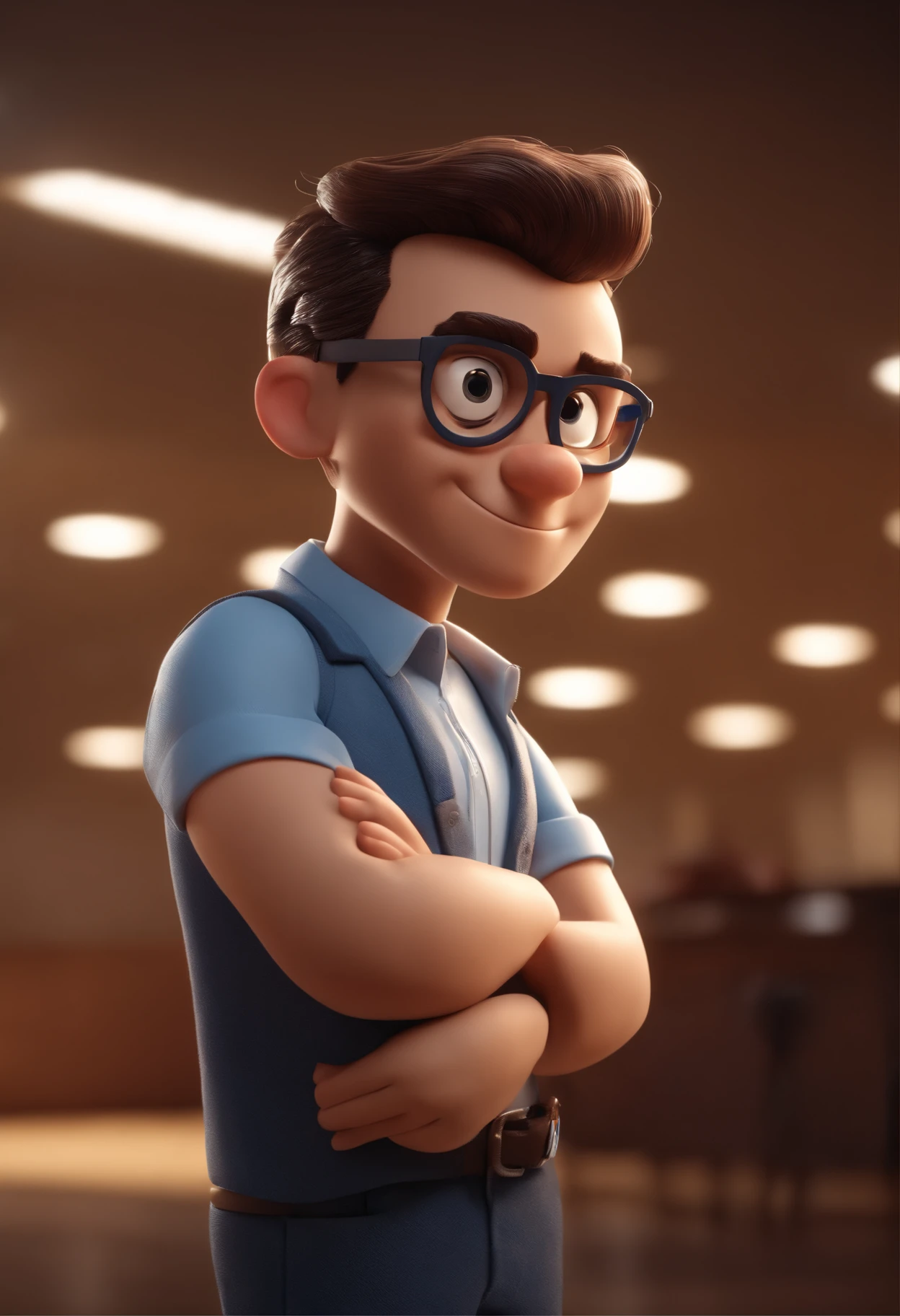 Cartoon character of a young man wearing round gray glasses and a blue shirt, de cabelo curto e castanho, um personagem animado, Caractere estilizado, animation style rendering, 3D estilizado, Arnold Maya render, 3 d render stylized, toon render keyshot, Personagem 3D, Personagem 3D, 3d rendering stylized, 3 d character render, personagem de desenho animado, Personagem de close up, Pose de personagem, (Estilo Pixar) (master part:1.2) (Bokeh) (best quality) (pele detalhada) (textura detalhada) (8k) (argila) (Cinematic lighting) (foco nítido，Sits and empties upper body in a dental office alone