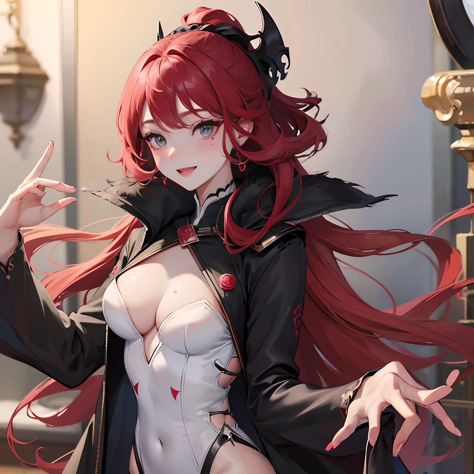 Red long hair, Grey eyes, blush, Smile, Tolerable, Masterpiece, Best Quality, high resolucion;,detail enhancement，best qualtiy，perfect image quality，Beautiful and sexy, One-person viewpoint, Small moles under the eyes , prety, large full breasts, s whole body, perfect hand, perfect body figure, 8K, 흥분한, Liquid flow, Fluids,  Big breasts, pure white skin, Like a Witch, black  dress, Heavy makeup, Sneering, graceful, cheeky