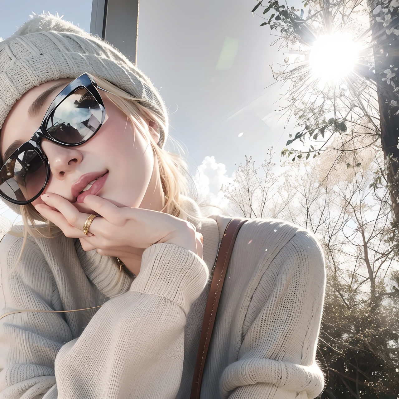 Blonde woman with sunglasses and a hat in the hand of a cell phone, con gafas de sol, en Clima soleado, chill, Cl, ulzzang, sunny day, in a sunny day, con gafas de sol, caliente con sol brillante, spring day, 🪔 🎨;🌞🌄, in a sunny day, Sunny winter's day, en gafas de sol