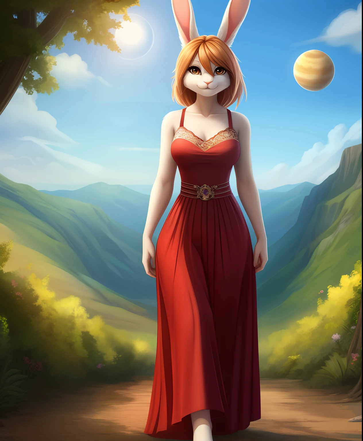 female anthro nature rabbit, nature dress, Planet Earth in the background, full body view