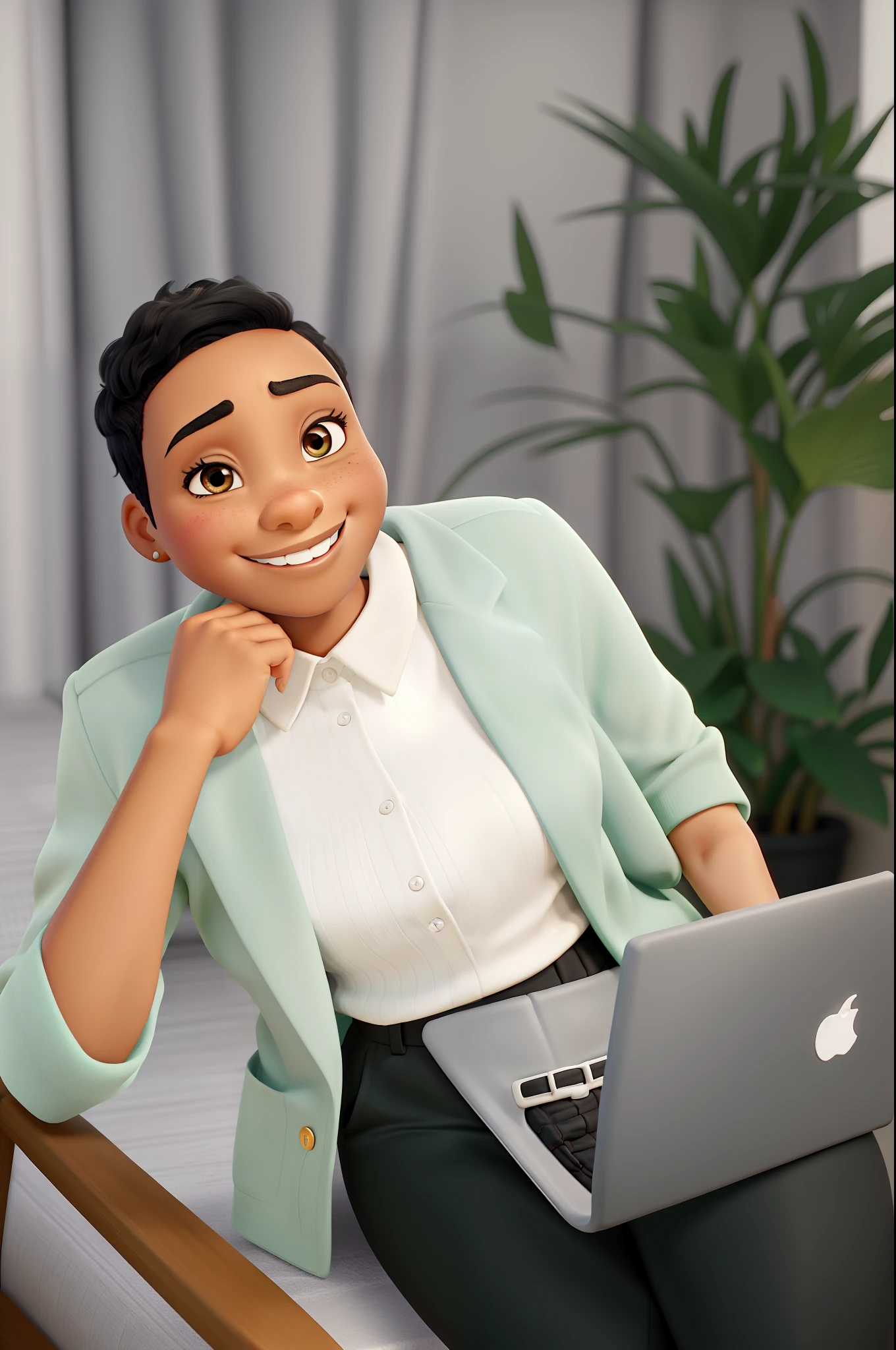 black woman with short hair, light black skin, wide smile, slanted dark eyes, medium nose, Pixar Disney style, high quality, high resolution