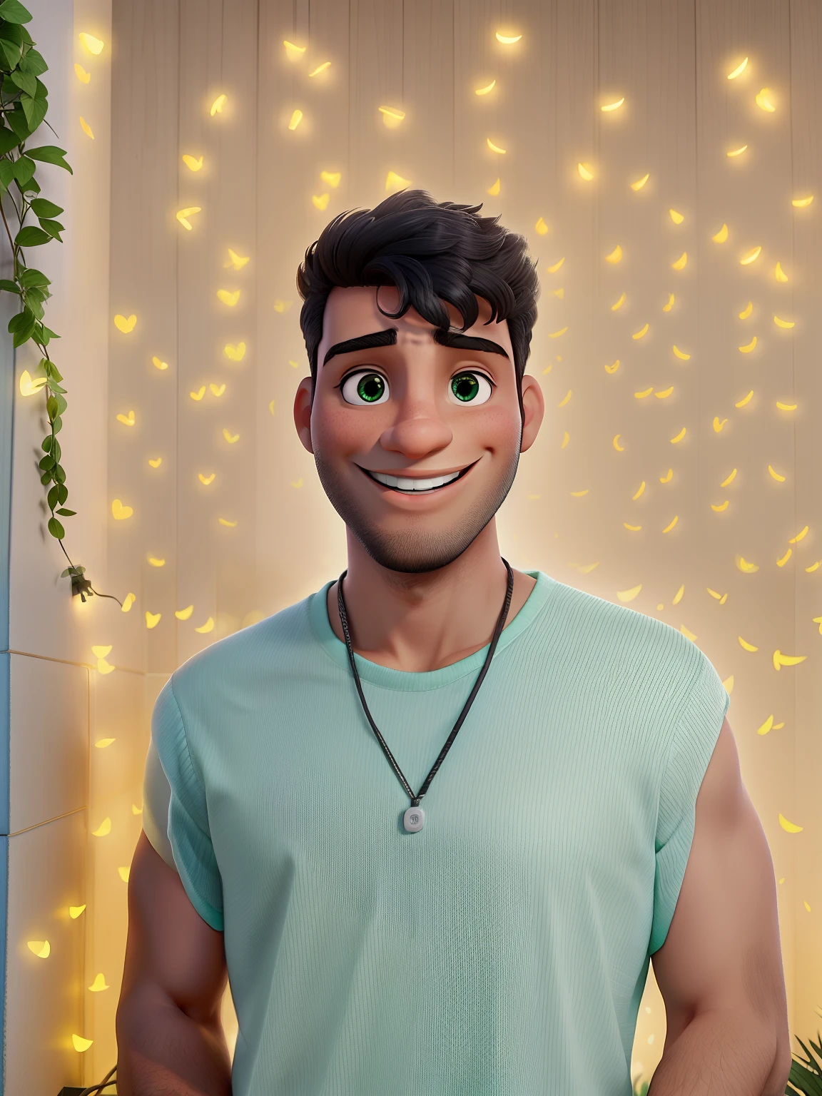 Um homem brasileiro sorrindo, contra o pano de fundo iluminado por luzes de vaga-lumes, alta qualidade