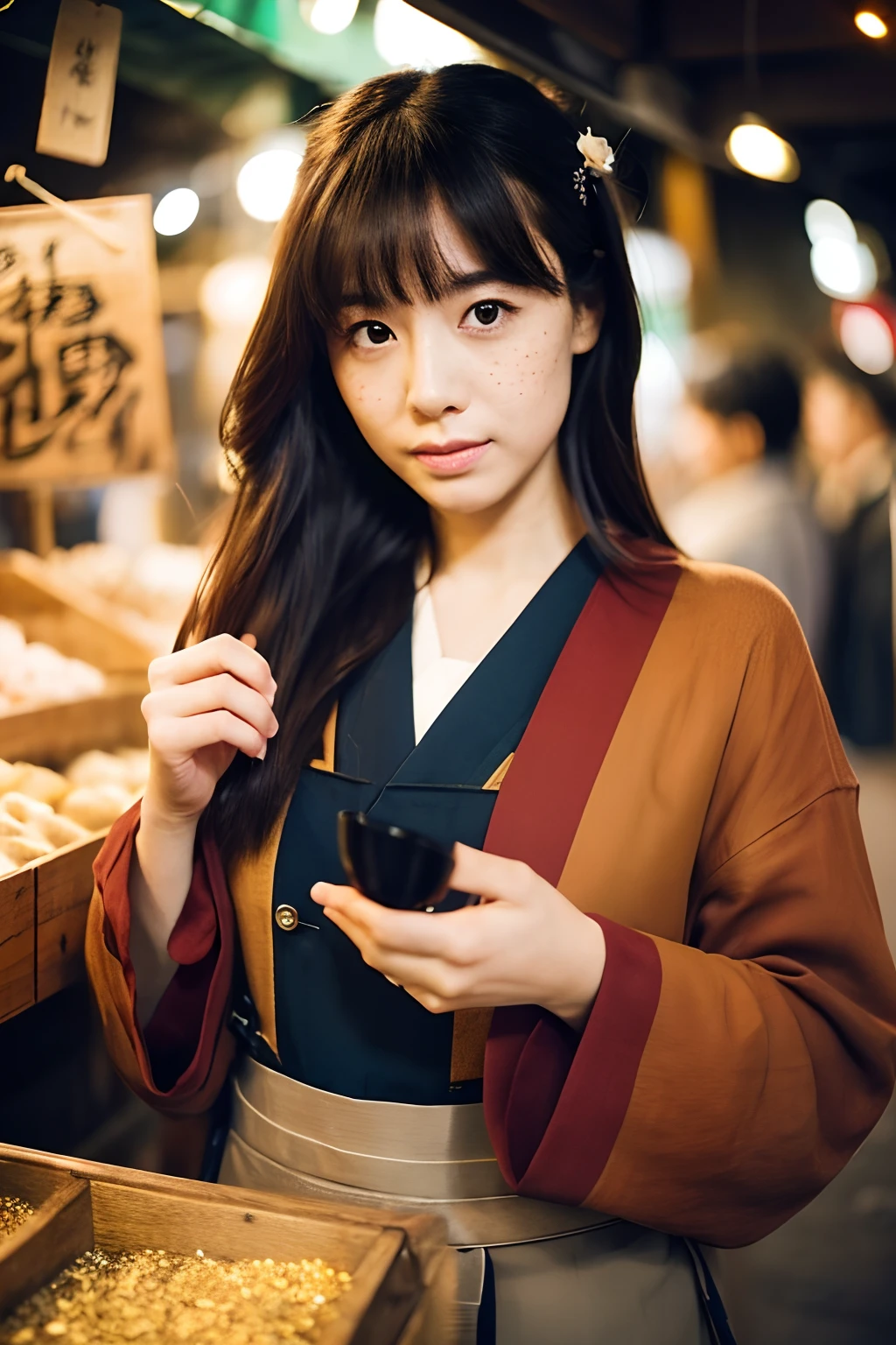 1girl,fullbody photo,japanese,25old year, black medium-length hair,a little freckles,working at Traditional stall in japan,Traditional clothes,Proper body proportion,Super high-quality output images,hight resolution,Intricate details,Hair fluttering in a very delicate and beautiful wind,photos realistic,Dreamy,Professional Lighting,realistic shadow,Solo Focus,Beautiful hands,Beautiful fingers,Detailed finger features,detailed clothes features,Detailed hair features,detailed facial features,