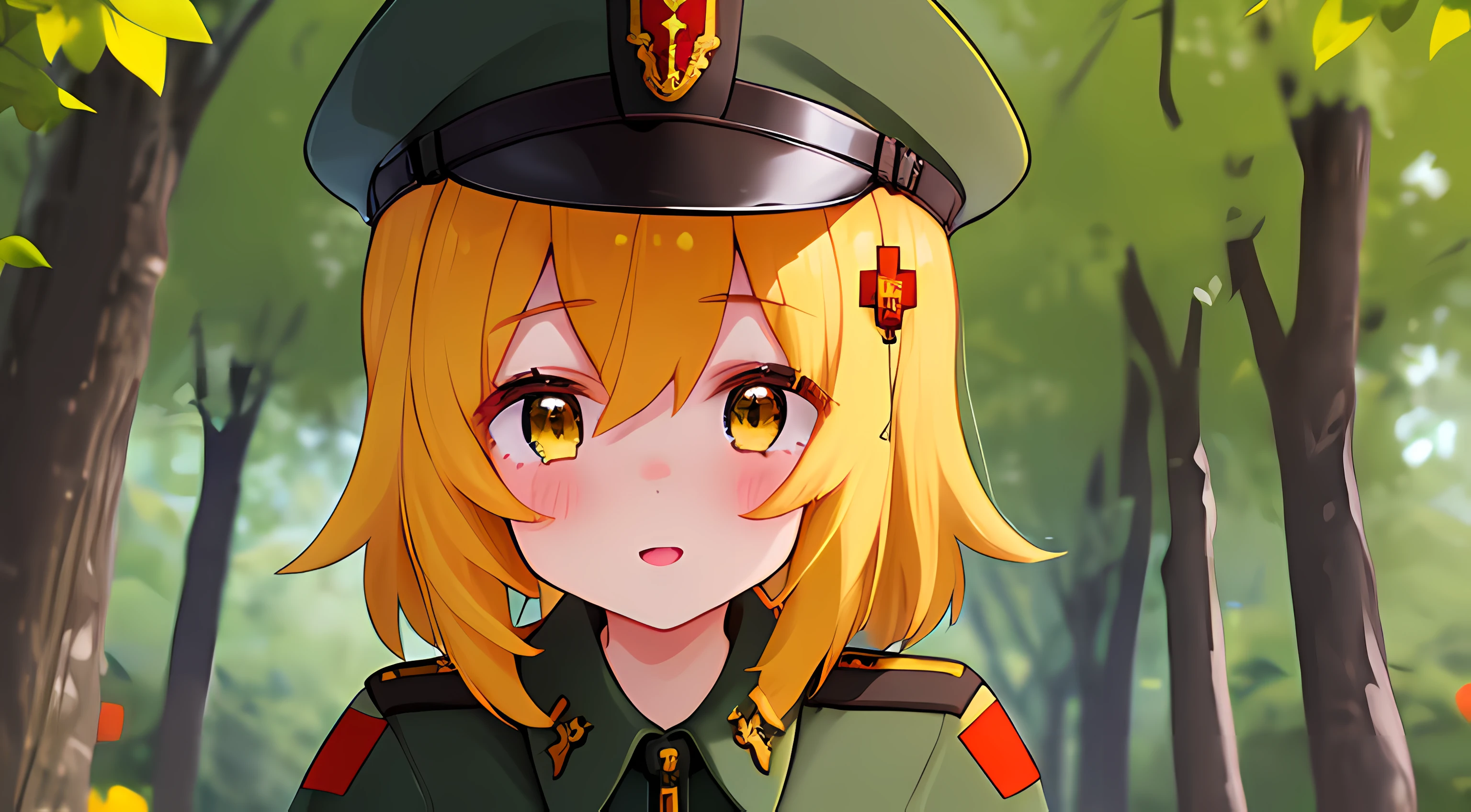 (Best Quality,4k,hight resolution,Masterpiece:1.2),Fox Girl,ear,Army uniform,Tactical Military Uniform,Green Army Uniform,On the Front Line,single girl,Bushes,the trees, Detailed girl, beatiful face, redhead hair, Beautiful Uniform, Very nice uniform, Ultra-detailed uniforms, Very nice military uniform, Very detailed 4K shape, pretty eyes, very detailed eyes, Beautiful yellow eyes, Almost orange eye color, Very nice girl, ((Form of the Soviet Union))