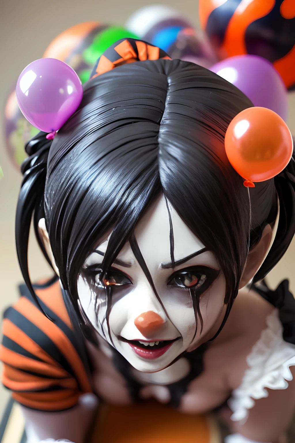 arafed clown ((scary)) ((halloween)), ((female)), ((clown)) ((Vey sexy)) , avant garde fashion model pop up parade figure, seductive anime girl, anime figure, (anime figurine), seductive. highly detailed, aoshima chiho, ( highly detailed figure ), pvc figurine ((top view)) ((squatting))'((balloons))' ((scared)) ((horror))