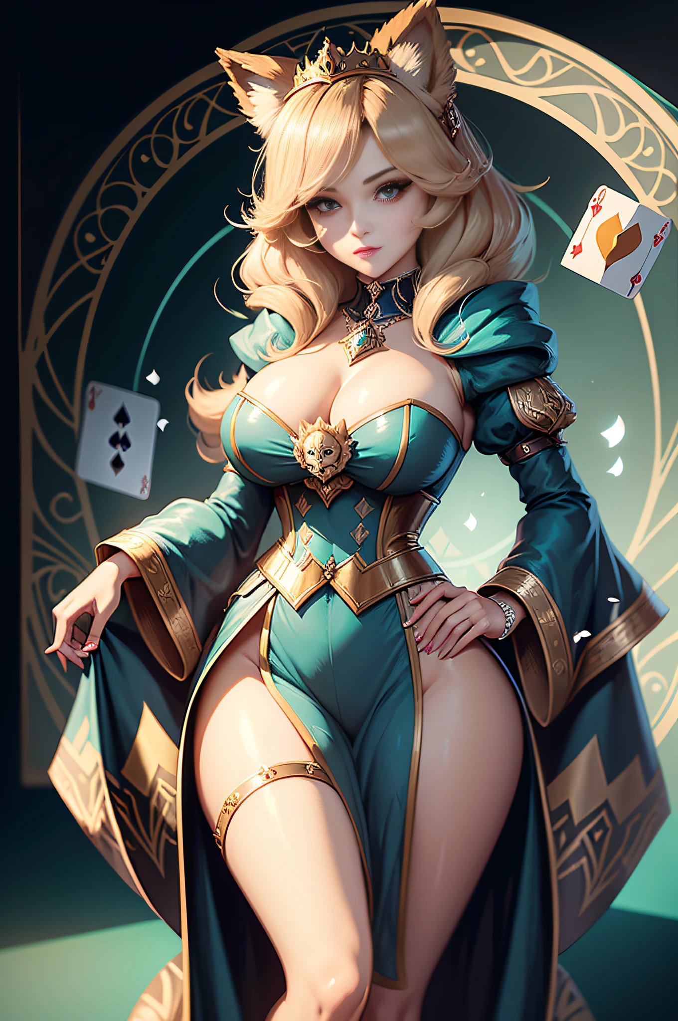 (Elegant woman dressed as a playing card queen in medieval Europe)comic strip、Anthropomorphic Pomeranian dog、The background is a card with 12 playing cards