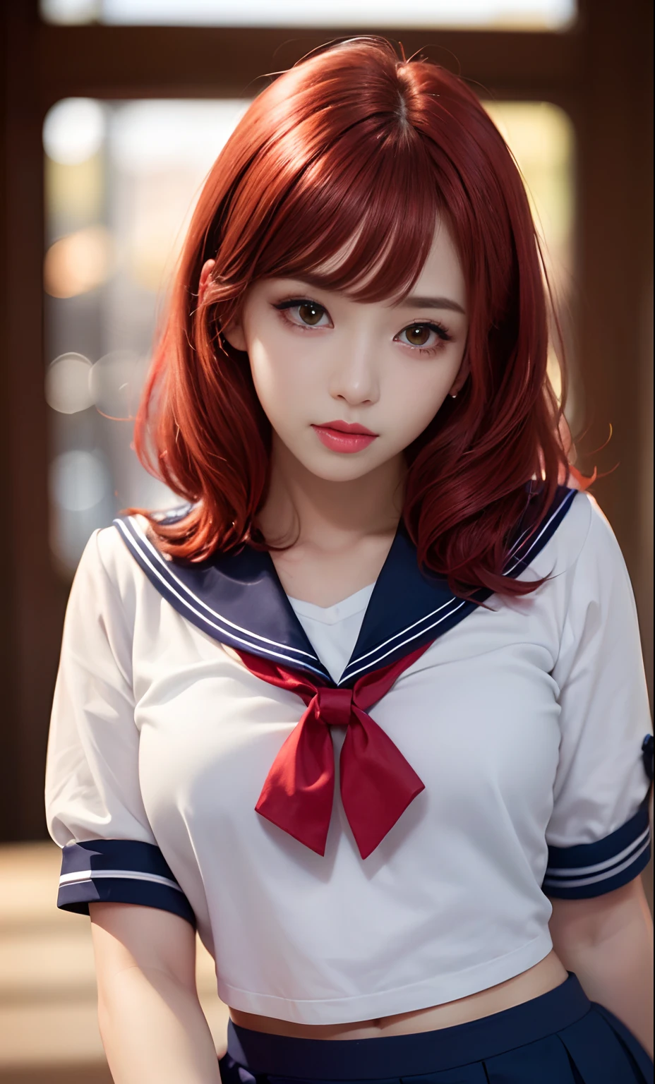 Toga Himiko, Boku no Hero Academia, 1girl, bangs, red hair, blunt bangs, blunt bangs, blunt, breasts, collarbone, double bun, bedroom background, hair bun, half closed eyes, medium breasts, miniskirt, pleated skirt, short hair, skirt, smile, solo, yellow eyes, blue sailor collar, sailor collar, school uniform, serafuku, (round lenses), ((masterpiece))