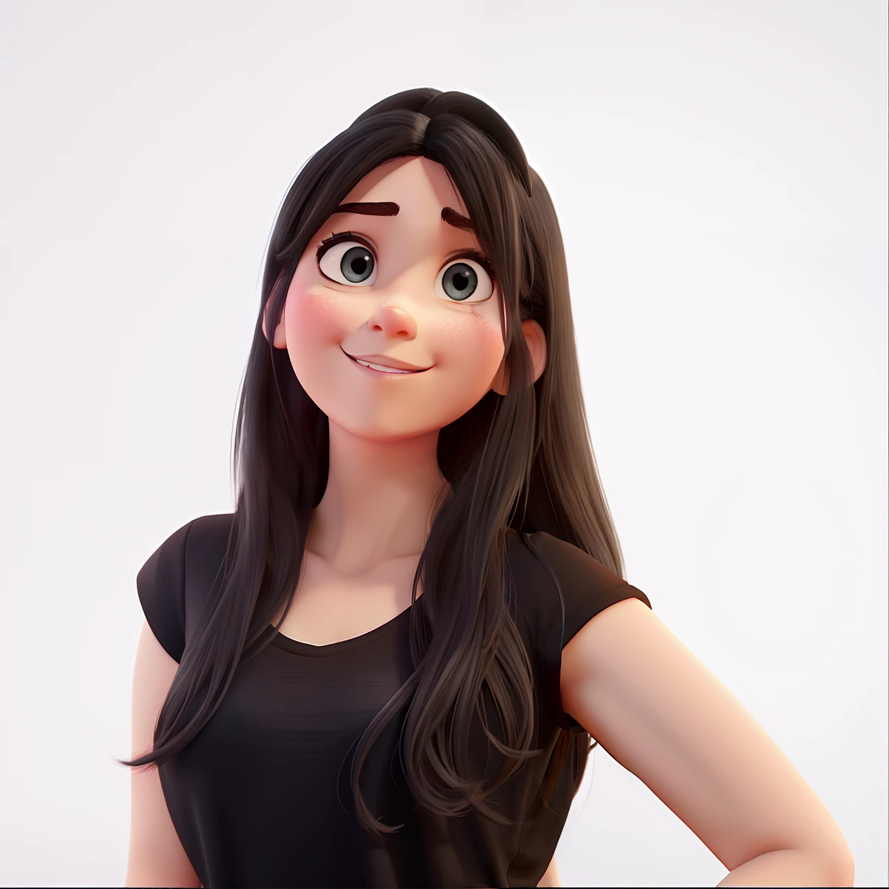 A white girl in a black t-shirt, contra o pano de fundo branco, estilo Disney Pixar, alta qualidade, best resolution
