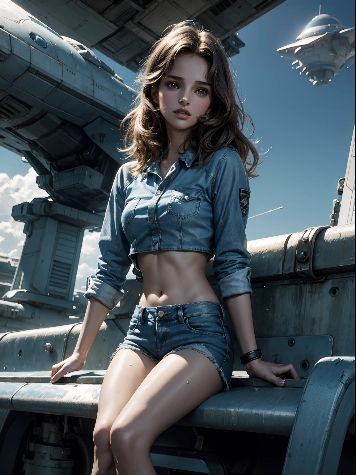sci-fi. vintage 80's manga style. Natalie Portman, fit and graceful, in blue denim shorts sharing on a bench. puddle of water. background spaceship command bridge. high detail.