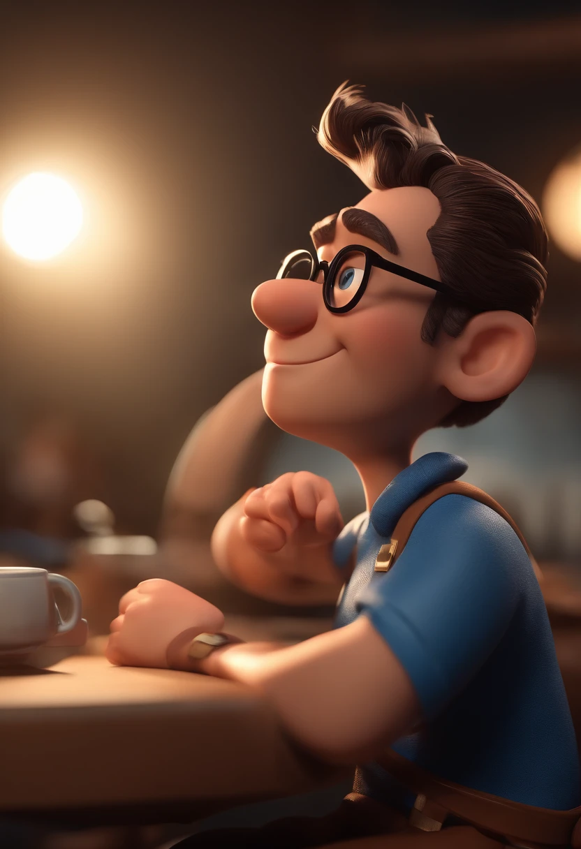 Cartoon character of a man with black glasses and a blue shirt, animation character, Caractere estilizado, animation style rendering, 3D estilizado, Arnold Maya render, 3 d render stylized, toon render keyshot, Personagem 3D, Personagem 3D, 3d rendering stylized, 3 d character render, personagem de desenho animado, Personagem de close up, Pose de personagem,  (Estilo Pixar) (master part:1.2) (Bokeh) (best quality) (pele detalhada) (textura detalhada) (8k) (argila) (Cinematic lighting) (foco nítido