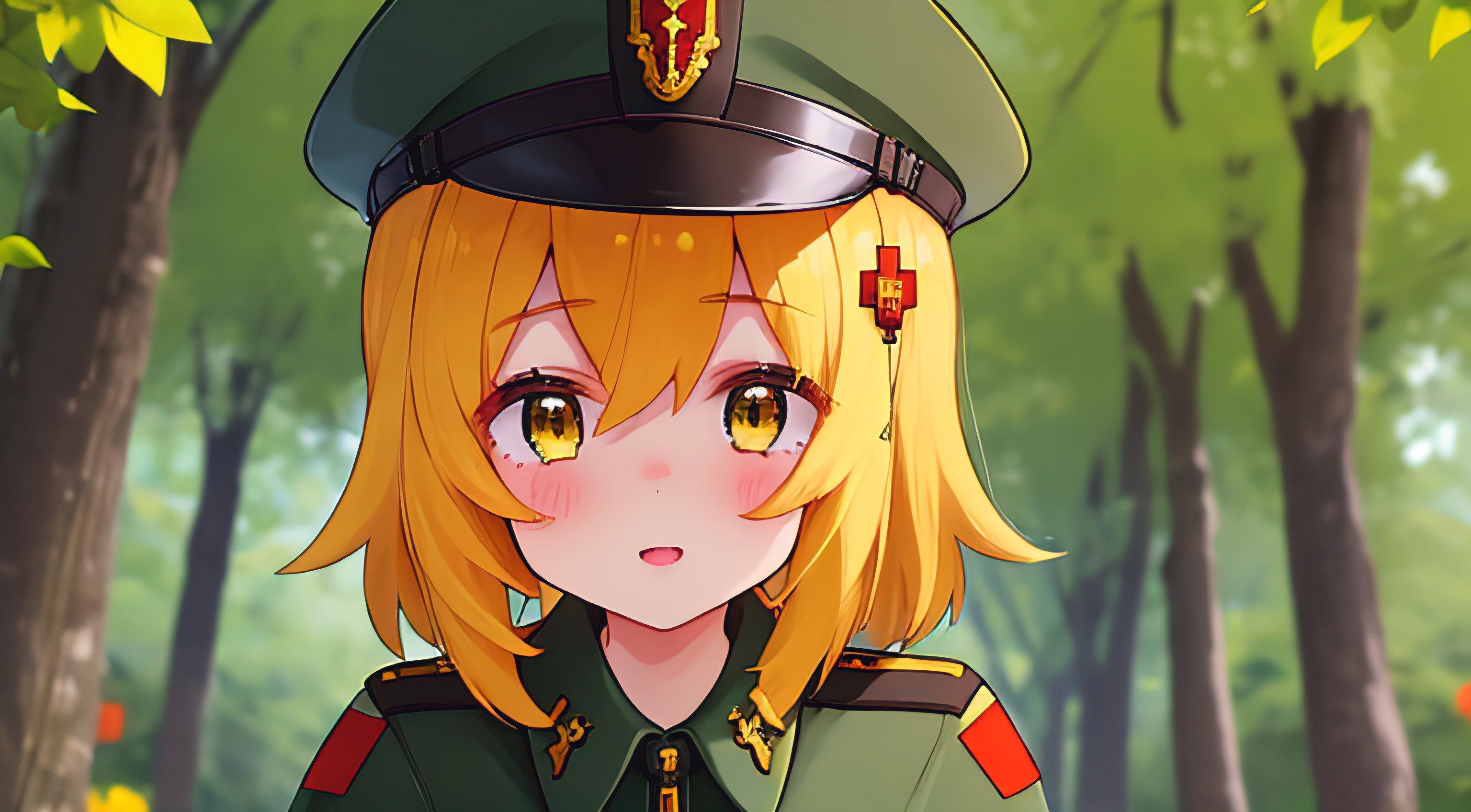 (Best Quality,4k,hight resolution,Masterpiece:1.2),Fox Girl,ear,Army uniform,Tactical Military Uniform,Green Army Uniform,On the Front Line,single girl,Bushes,the trees, Detailed girl, beatiful face, redhead hair, Beautiful Uniform, Very nice uniform, Ultra-detailed uniforms, Very nice military uniform, Very detailed 4K shape, pretty eyes, very detailed eyes, Beautiful yellow eyes, Almost orange eye color, Very nice girl, ((Form of the Soviet Union))