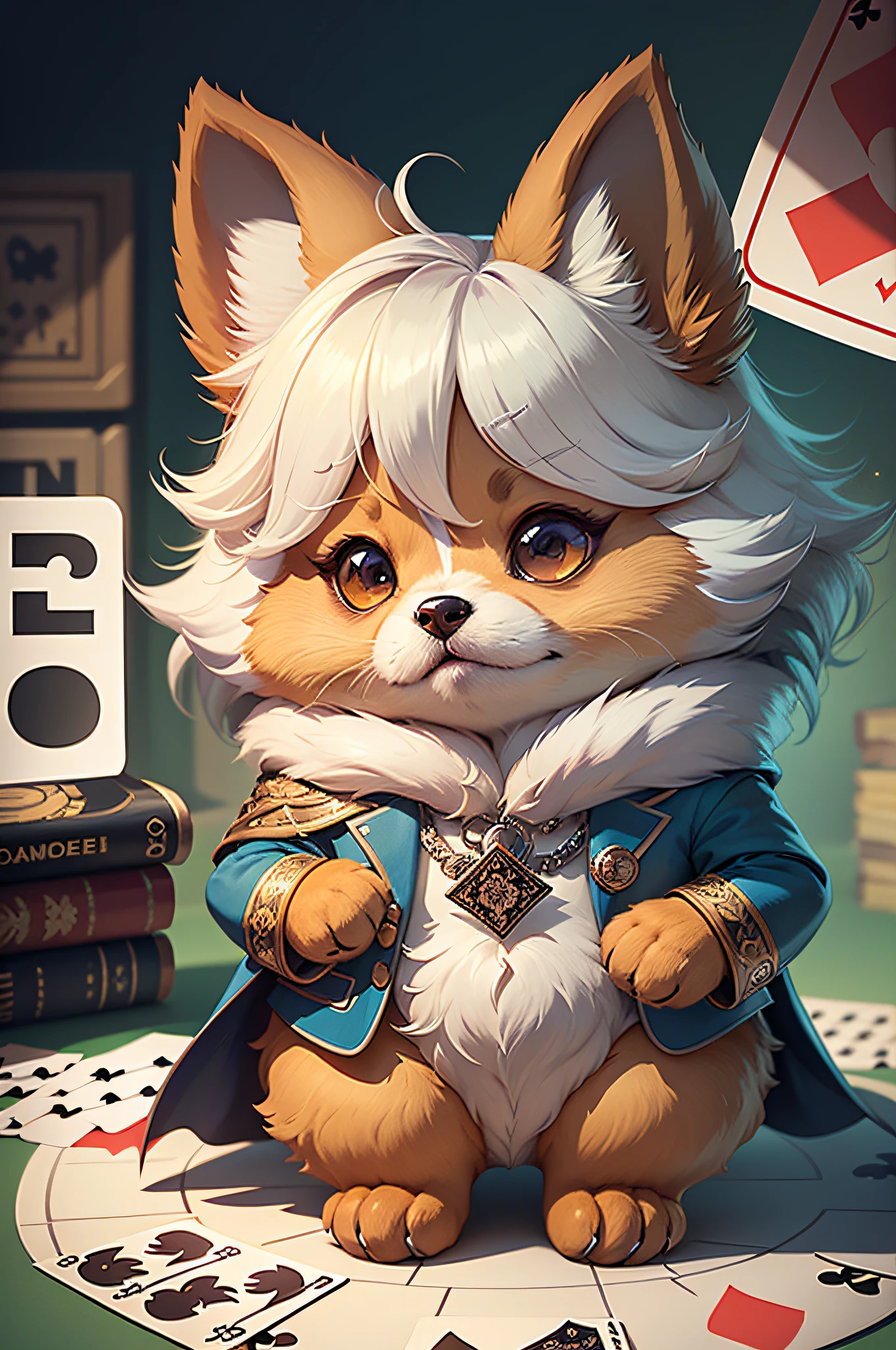 （Elegant woman dressed as a playing card queen in medieval Europe）comic strip、Anthropomorphic Pomeranian dog、The background is a card with 12 playing cards