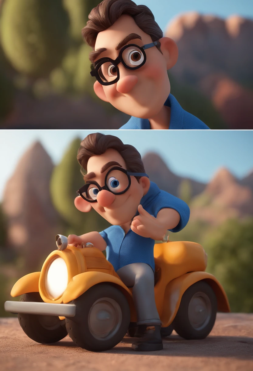 Cartoon character of a man with black glasses and a blue shirt, animation character, Caractere estilizado, animation style rendering, 3D estilizado, Arnold Maya render, 3 d render stylized, toon render keyshot, Personagem 3D, Personagem 3D, 3d rendering stylized, 3 d character render, personagem de desenho animado, Personagem de close up, Pose de personagem,  (Estilo Pixar) (master part:1.2) (Bokeh) (best quality) (pele detalhada) (textura detalhada) (8k) (argila) (Cinematic lighting) (foco nítido