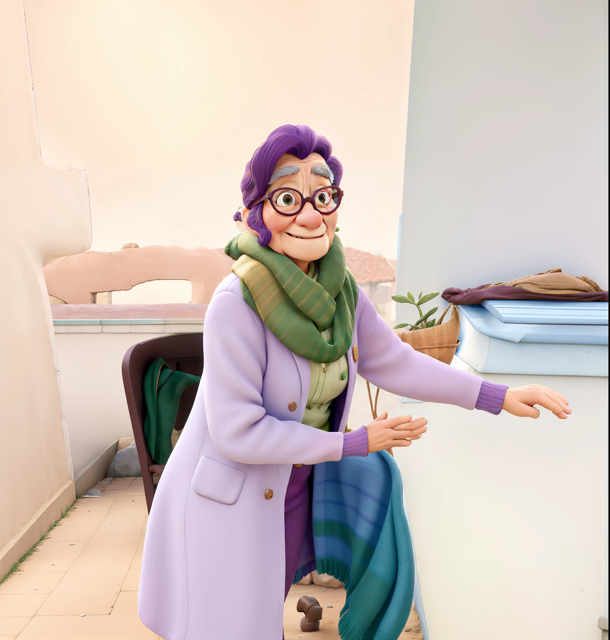 masterpiece, best quality, an old woman with glasses and a scarf on, wearing a purple coat and green scarf, standing at the park