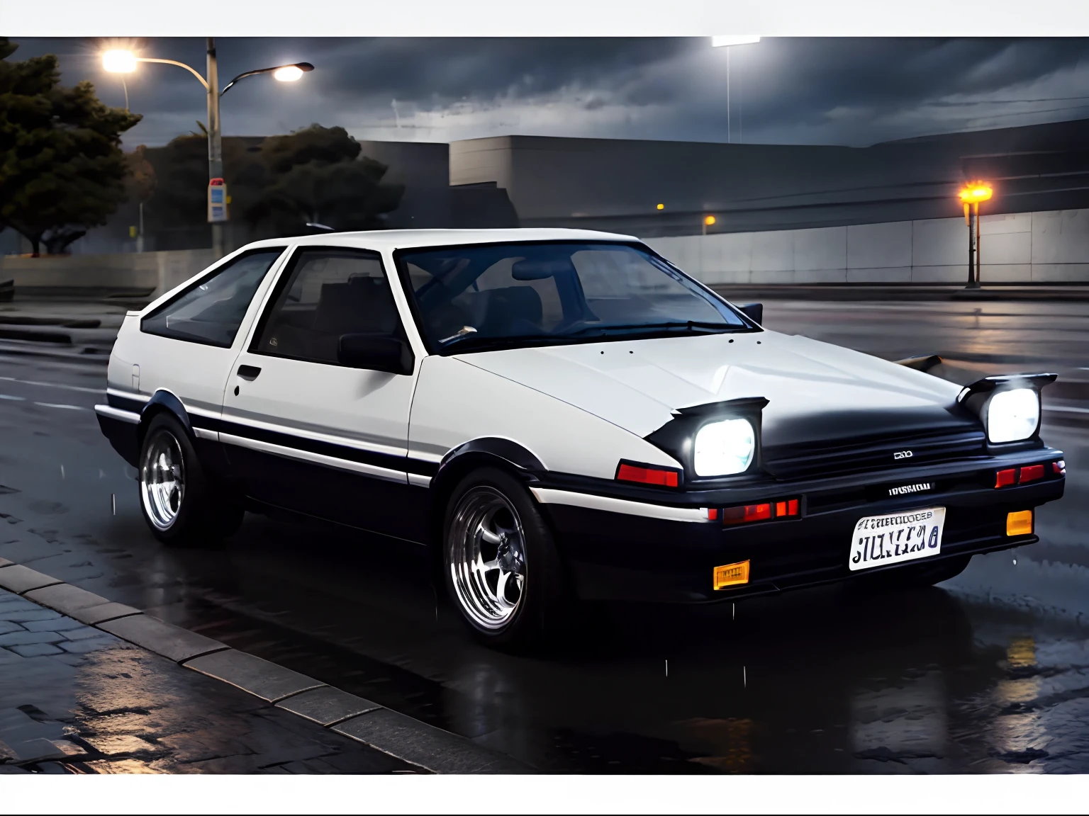 32K Ultra Hi-Vision、Photorealsitic、Raw photo、hiquality、Photo Contest Winners、Toyota AE86、Panda Trueno、((Running in a city with a beautiful night view))、(Convertible car specifications)、(Carbon bonnet specification:1.2)、blurry backround、(Rain-soaked road surface、Headlight light reflecting off the road surface:1.2)、(Beautiful night view)