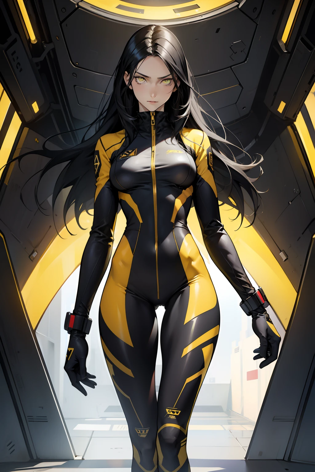 1 girl, black hair, yellow eyes, very long hair, pale skin, fit body, slender body, slim waist, large breasts, (confident expression), pilot suit, thigh gap, bare thighs, show bare legs