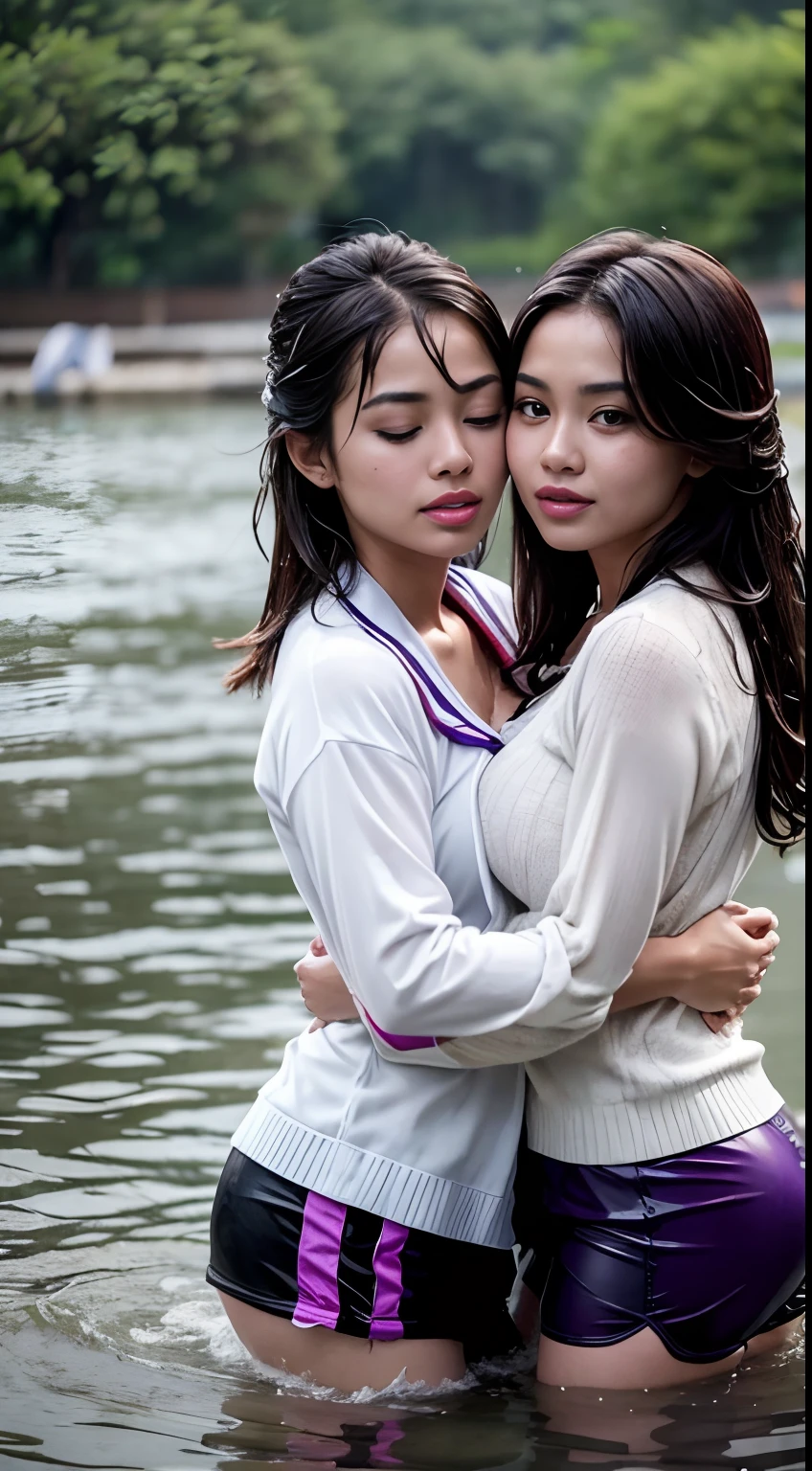 Two Malay girls wearing hijap, big breasts, hugging in the water, bodies pressed together, eyes closed, full of passion, sexual desire, sexual pose, ((lips touching)), romantic, lively, chest high in the water, masterpiece, quality best, highres , hmsl1, white sweater, purple jacket, flowers, long sleeves, open shirt, black ribbon, sleeves past the wrist, skirt, standing, soaked, splashed, drenched, ((wet clothes)), ((completely dressed) ), doused, soaked