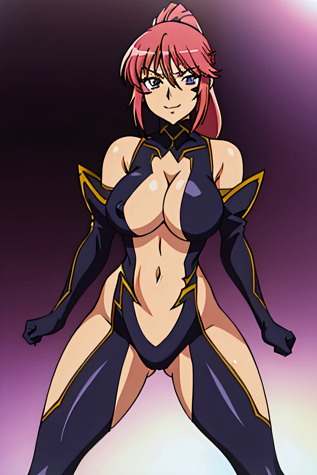 KAYABLANCHE, PURPLE EYES, LOW-TIED LONG HAIR, PONYTAIL, LARGE BREASTS, BLACK BODYSUIT, ELBOW GLOVES, CENTER OPENING, CLEAVAGE, HIP VENT, THIGH CUTOUT, FACIAL MARK, 1girl, solo, facing viewer, looking at viewer, upper body, smile.