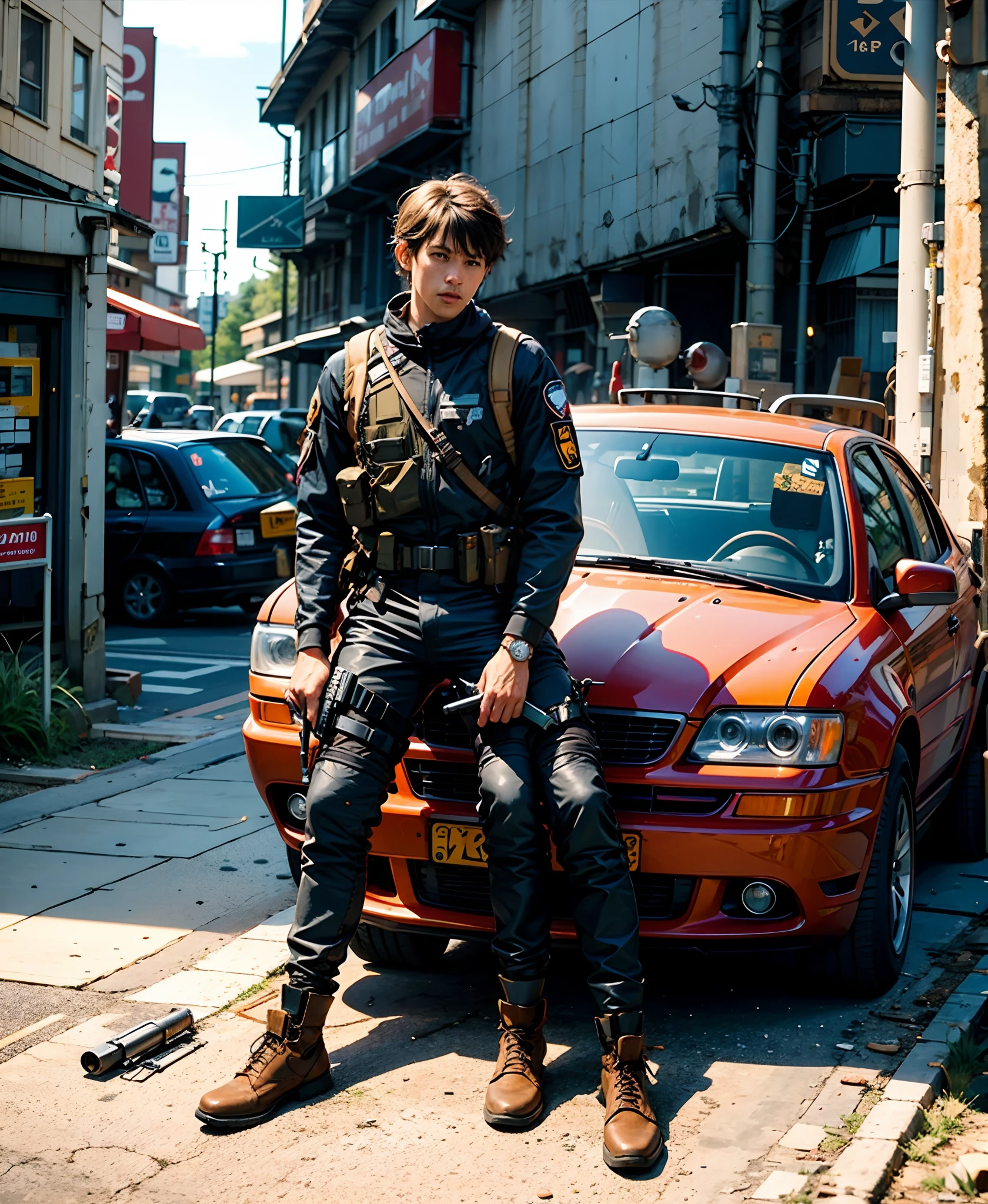 Pixar Cute Black Airsoft Suit Sitting On The Sidewalk With A Revolver And A Rifle