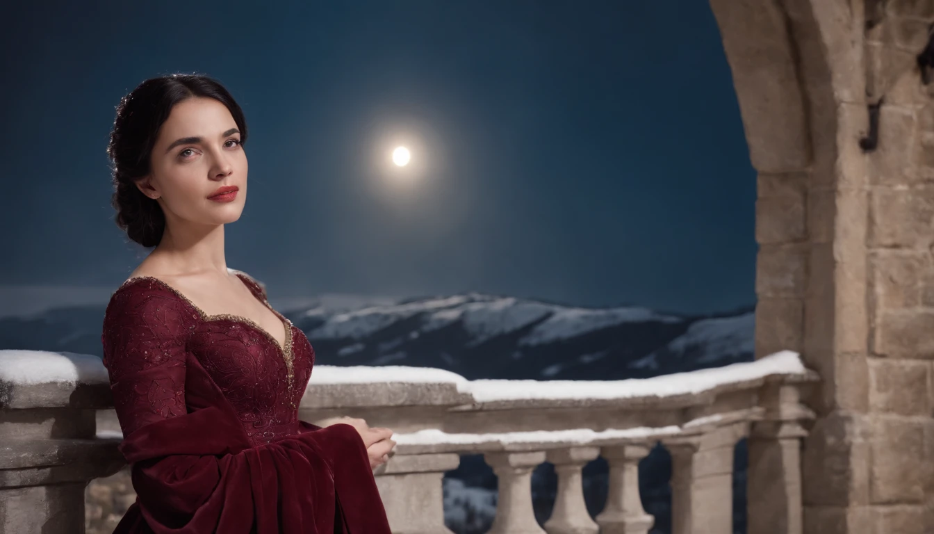 under a moon, young noble woman with black hair and brown eyes stands on a snowy castle balcony overlooking a snow covered landscape, night, wearing crimson gown, midnight, eerie, snow storm, gothic, cinematic, cinematic scene from film, 8k