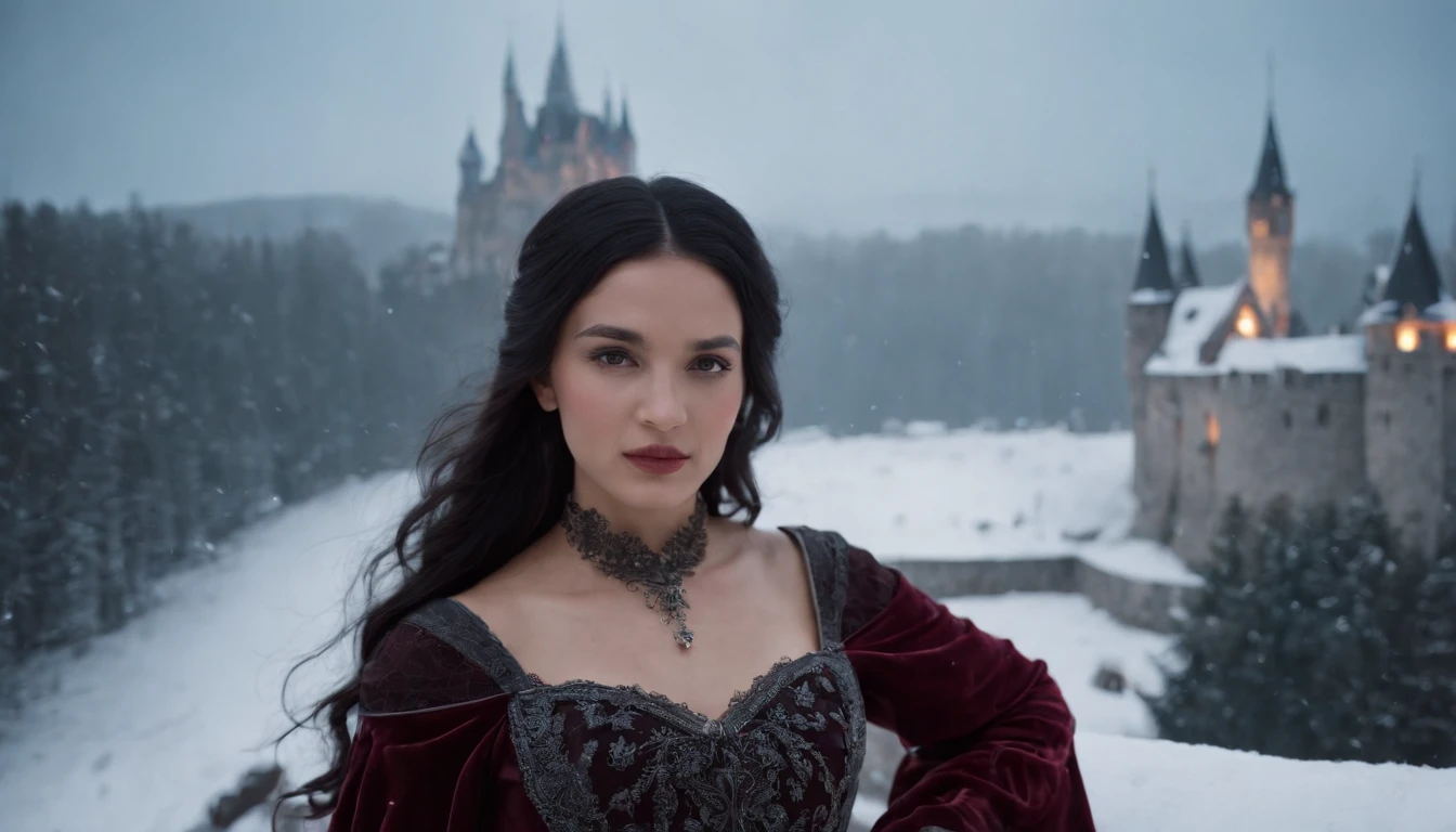 under a moon, young noble woman with black hair and brown eyes stands on a snowy castle balcony overlooking a snow covered landscape, night, wearing crimson gown, midnight, eerie, snow storm, gothic, cinematic, cinematic scene from film, 8k