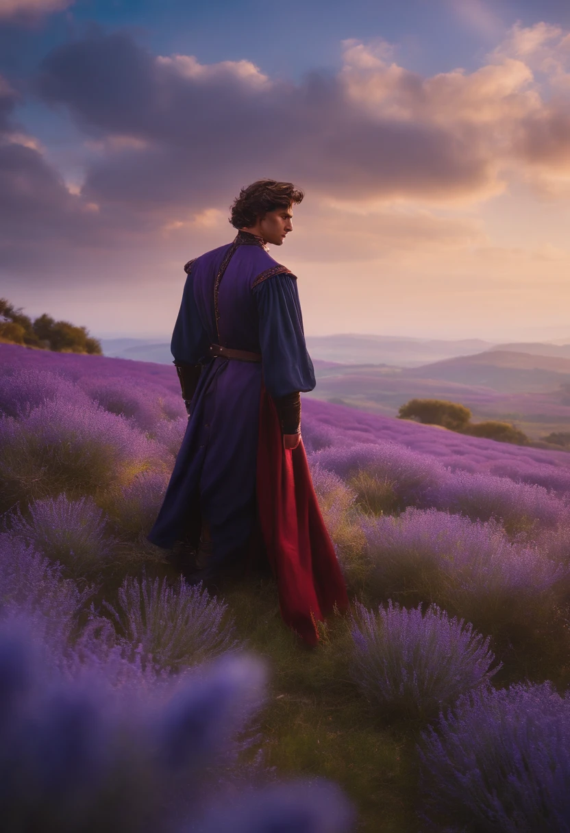 Kaveh (Impacto Genshin), 1 masculino, cabelos loiros, olhos vermelhos, no campo de lavanda com flores