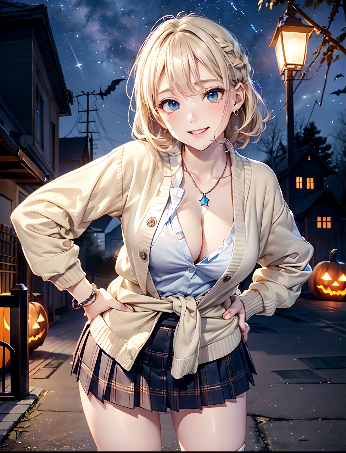 absurderes, ultra-detailliert,bright colour,(in 8K:1.3),masuter piece,extremely beautiful detailed face and eyes, (Halloween specification:1.3),(School Uniforms:1.2), (Heisei Gal:1.2), (White shirt:1.3), (Wrap a beige cardigan around your waist:1.5), ((cleavage, Unbuttoned):1.2), (Plaid pleated skirt:1.2), (Necklace,Colorful bracelets,(Loose socks:1.4),Double peace,X-Hair,Aurora、city light、constellation、Crescent,intergalactic,lamp post, Particles of light, long-sleeve, milkyway, natta, nigh sky, outside of house, planetes, Power lines, shooting stars,  Skysky, Skyscraper, 独奏、Stargazing,Star_\(skyporn\)、starrysky、Winters、(Smooth straight blonde hair:1.3), (Hair parted in the middle),(Shiny hair:1.2), Delicate beautiful face, red blush、Deep Blue Eyes, (Happy smiling face:1.2),Small necklace,(Lean forward with your hands on your hips:1.4)