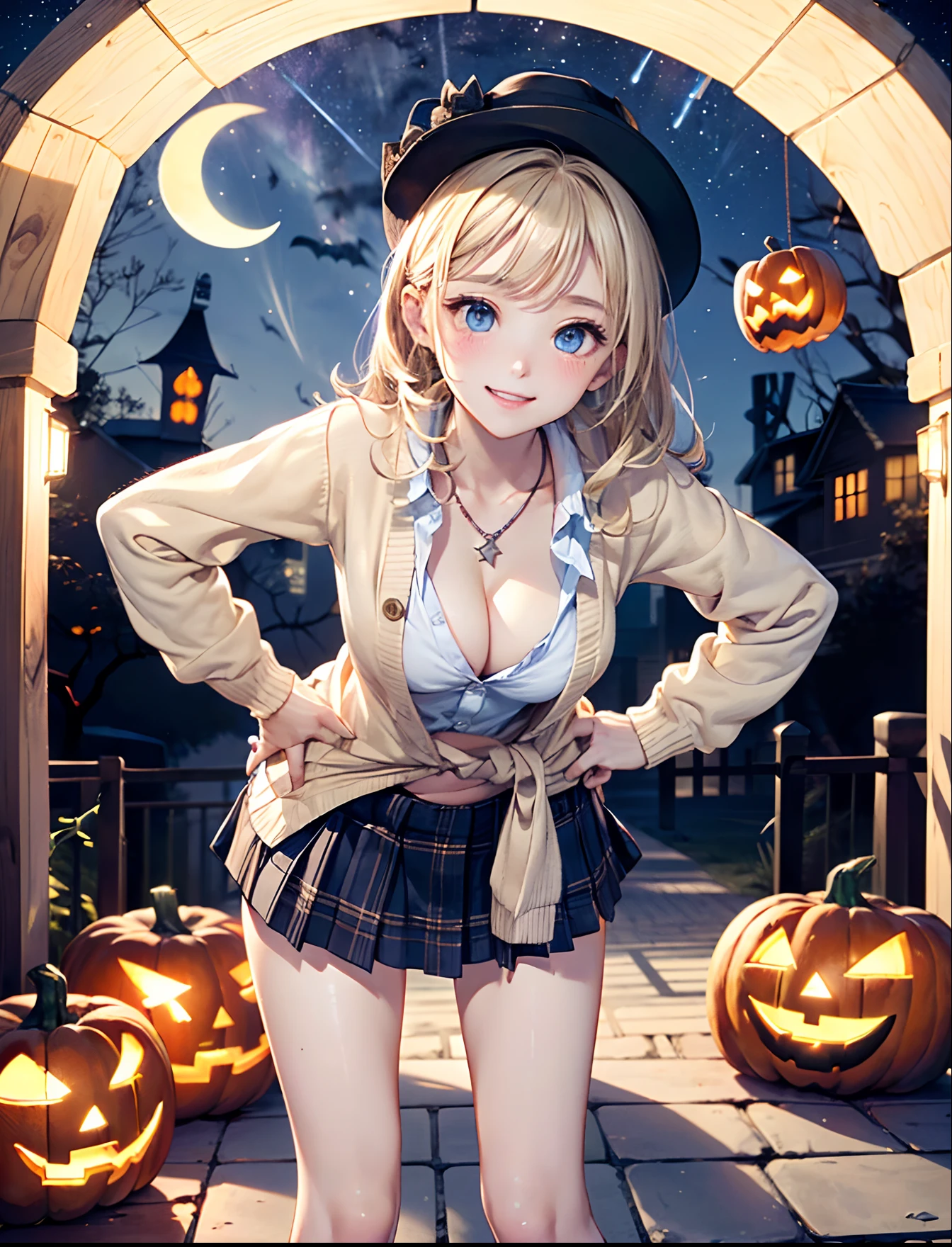 absurderes, ultra-detailliert,bright colour,(in 8K:1.3),masuter piece,extremely beautiful detailed face and eyes, (Halloween specification:1.3),(School Uniforms:1.2), (Heisei Gal:1.2), (White shirt:1.3), (Wrap a beige cardigan around your waist:1.5), ((cleavage, Unbuttoned):1.2), (Plaid pleated skirt:1.2), (Necklace,Colorful bracelets,(Loose socks:1.4),Double peace,X-Hair,Aurora、city light、constellation、Crescent,intergalactic,lamp post, Particles of light, long-sleeve, milkyway, natta, nigh sky, outside of house, planetes, Power lines, shooting stars, Skysky, Skyscraper, 独奏、Stargazing,Star_\(skyporn\)、starrysky、Winters、(Smooth straight blonde hair:1.3), (Hair parted in the middle),(Shiny hair:1.2), Delicate beautiful face, red blush、Deep Blue Eyes, (Happy smiling face:1.2),Small necklace,(Lean forward with your hands on your hips:1.4)
