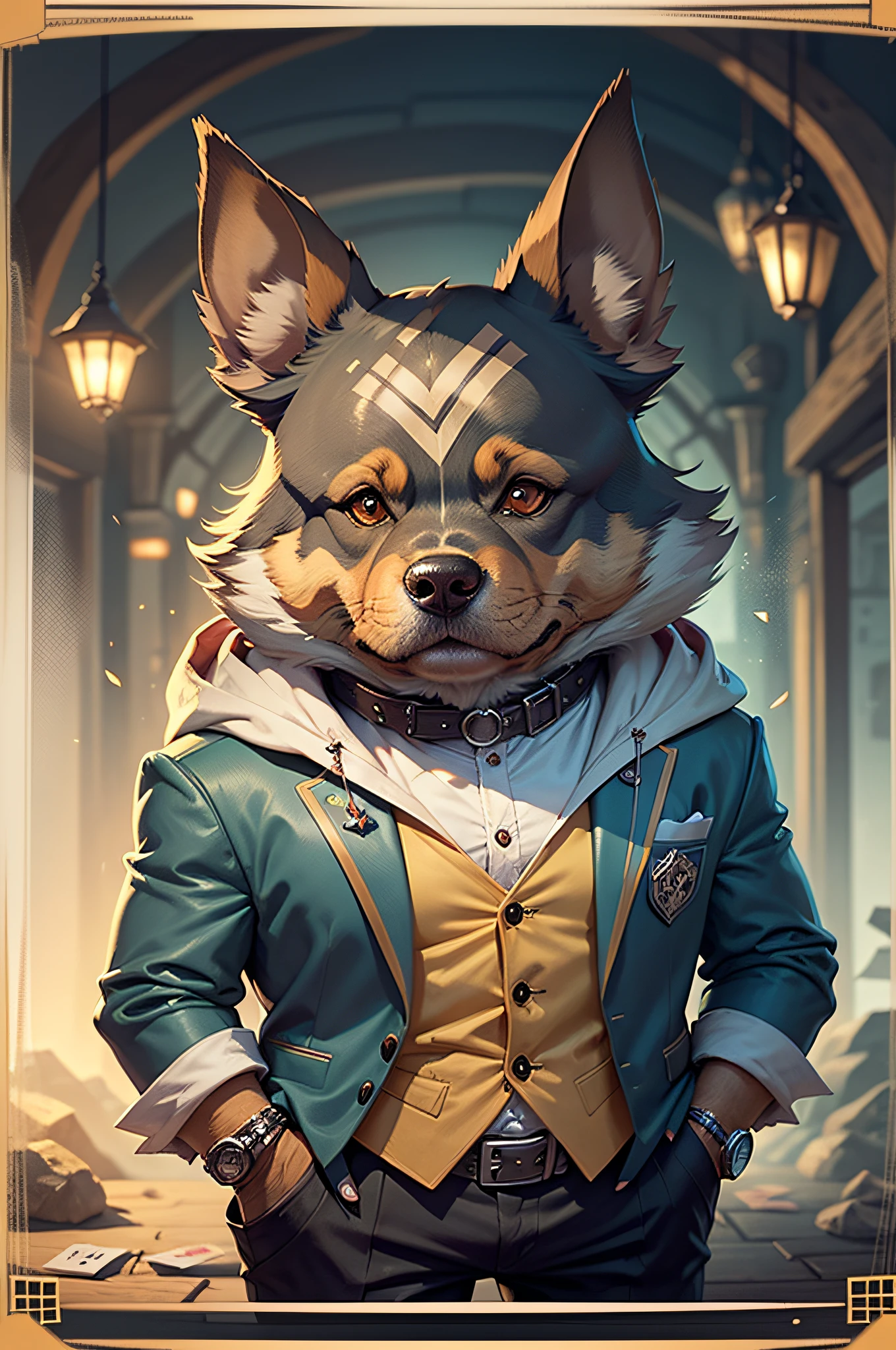 （A dignified man dressed as Jack of playing cards in medieval Europe）comic strip、Anthropomorphic Doberman dog、The background is a frame of playing cards, 11
