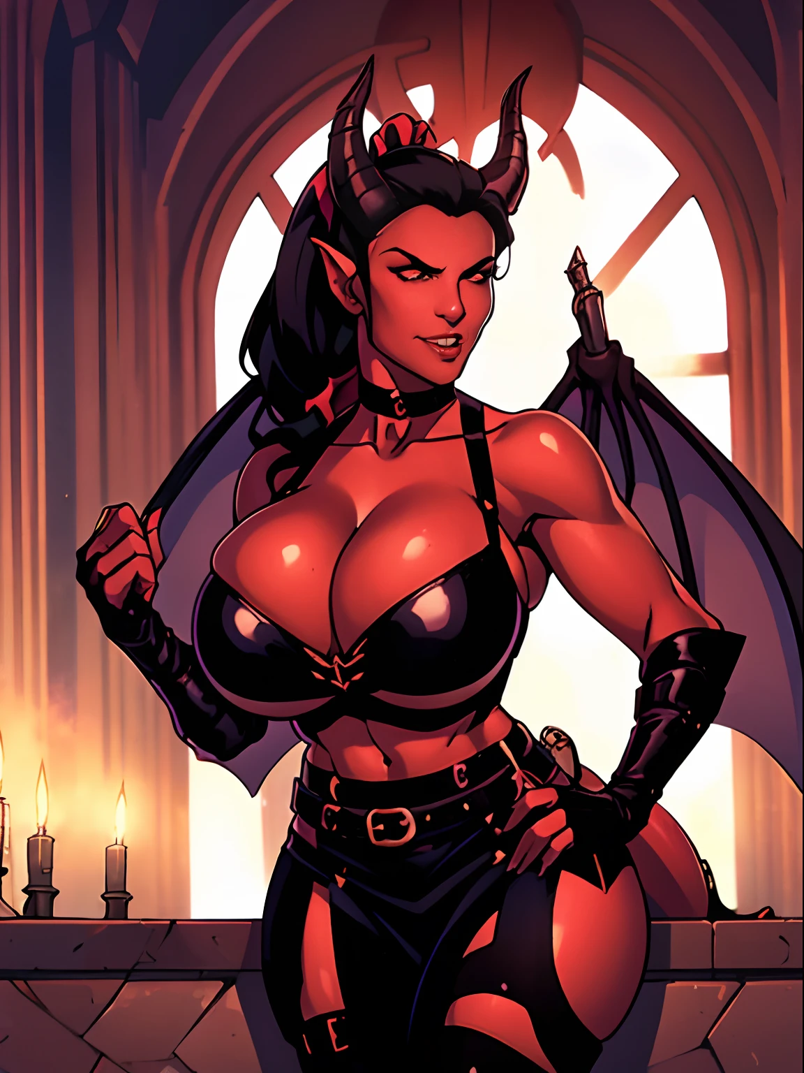 (masterpiece, top quality, best quality, official art, beautiful and aesthetic:1.2), (1girl:1.3), (black hair in big (ponytail)), extremely detailed, portrait, looking at viewer, solo, (full body:0.6), detailed background, close up, (hot medieval church theme:1.1), Tiefling, female, horns, tail, wings, long hair, tail, black hair, dragon girl, dragon horns, blood, scales, dragon wings, (((red skin), colored skin)), extremely busty Tiefling, charlatan, wicked grin, sultry smirk, forked tongue, mysterious, seducing in a cathedral, black ram horns, curled horns, curved horns, demon horns, skimpy leather (sports bra), sleeveless, fingerless gloves, claws, shotgun, ammo belt, shotgun shells, black leather, thong, choker, thigh-high boots, bracers, boots, buckles, straps, ((((gigantic breasts, cleavage, skindentation)))), cute belly button, trim tummy, slim waist, slim hips, long legs, athletic, stained glass windows, candlelight, Medieval Europe, (Cathedral exterior:1.1) background, dark mysterious lighting, shadows, magical atmosphere, dutch angle